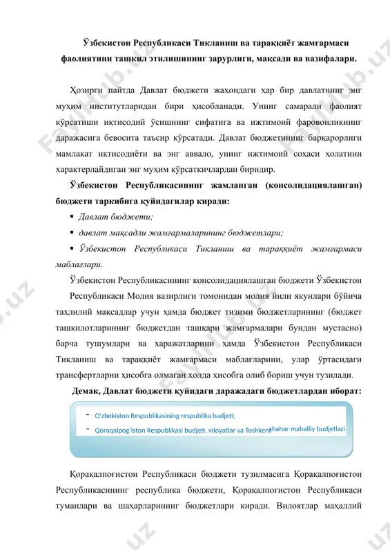 ри киради. тошкент шаҳар маҳаллий бюджети тузилмасига шаҳар бюджети ва шаҳар таркибига кирувчи туманларнинг бюджетлари киради. давлат мақсадли жамғармалари қуйидагилардир: · ўзбекистон республикаси молия вазирлиги ҳузуридаги бюджетдан ташқари пенция жамғармаси; · ўзбекистон республикаси молия вазирлиги ҳузуридаги республика йўл жамғармаси; · давлат мулкини хусусийлаштиришдан тушган маблағлар жамғармаси; · ўзбекистон республикасининг бандликка кўмаклашиш давлат жамғармаси; · ўзбекистон республикаси молия вазирлиги ҳузуридаги бюджетдан ташқари умумтаълим мактаблари, касб-ҳунар коллежлари, академик лицейлар ва тиббиёт муассасаларини реконструкция қилиш, мукаммал таъмирлаш ва жиҳозлаш жамғармаси; · ўзбекистон республикаси молия вазирлиги ҳузуридаги суғориладиган ерларнинг мелиоратив ҳолатини яхшилаш жамғармаси; · ўзбекистон республикаси молия вазирлиги ҳузуридаги олий ўқув юртларининг моддий-техника базасини ривожлантириш жамғармаси. ўзбекистон республикасининг тикланиш ва тараққиёт жамғармаси ўзбекистон республикаси вазирлар маҳкамаси ҳузуридаги молиявий муассасадир ва у устувор инвестиция лойиҳаларини ҳамда иқтисодиётнинг базавий тармоқларини модернизация қилиш ва техник жиҳатдан қайта жиҳозлашга, мамлакатни муттасил, барқарор ва мутаносиб равишда ижтимоий-иқтисодий ривожлантиришга эришилишига, шунингдек самарали таркибий ва инвестиция сиёсати амалга оширилишига доир лойиҳаларни …