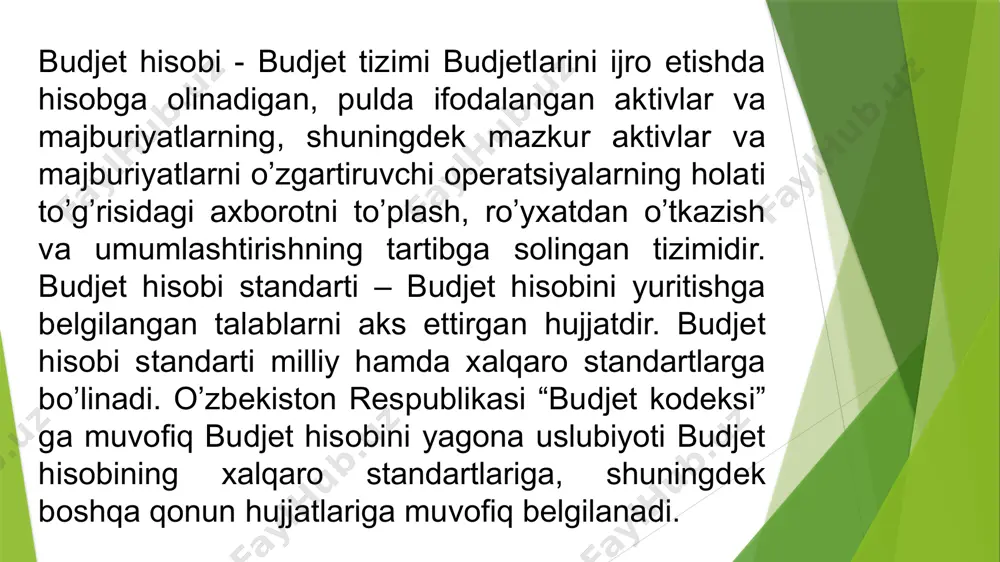 elementlariga muvofiq guruhlashtirilgan aktivlar, majburiyatlar, daromadlar, xarajatlar, kapital va moliyaviy natijani o’zida ichiga oladi.g’aznachilik bo’linmalari, davlat maqsadli jamg’armalarini taqsimlovchi organlar o’zbekiston respublikasining budjet tizimi budjetlarining va boshqa budjetdan tashqari jamg’armalarining hamda budjet tashkilotlari moliyaviy-xo’jalik faoliyatining budjet hisobini mazkur standartning 1-ilovasida keltirilgan yagona schyotlar rejasiga muvofiq yuritadi.g’aznachilik bo’linmalari, moliya organlari, davlat maqsadli jamg’armalarini taqsimlovchi organlar mazkur standartda keltirilgan o’zbekiston respublikasining budjet tizimi budjetlari va boshqa budjetdan tashqari jamg’armalarining byudjet hisobida yagona schyotlar rejasini qo’llash tartibiga muvofiq o’zbekiston respublikasining budjet tizimi budjetlarining va boshqa budjetdan tashqari jamg’armalarining budjet hisobini yuritadi. moliyaviy hisobotni taqdim etilishi (presentation of financial statements) pul mablag’lari xarakati to’g’risidagi hisobot (cash flow statements) hisob siyosati, hisobdagi baholashda o’zgarishlar va xatolar (accounting policies, changes in accounting estimates and errors) valyuta kurslari o’zgarishlarini ta’siri (the effects of changes in foreign exchange rates) qarzlar bo’yicha sarflar (borrowing costs) konsolidatsiyalashgan va alohida moliyaviy hisobot (consolidated and separate financial statements) uyushgan tashkilotlarga investitsiyalar (investments …