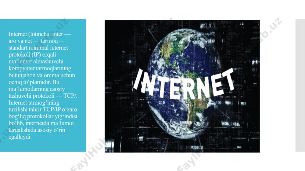 asturi chiqa boshladi, oʻz tv sayti tuzilgan va takomillashtirilmoqda. informatsiya resurslariga oid koʻp masalalarni respublikadagi yirik kutubxonalar shu sohadagi internet tarmogʻi koʻlamiga suyangan holda hal qiladi. masalan, tibbiyot kutubxonasi, respublika ilmiy-texnika kutubxonasi, oʻzbekiston fanlar akademiyasining asosiy kutubxonasi va boshqalar. oʻzbekiston respublikasi vazirlar mahkamasining „internetning xalqaro axborot tizimlariga kirib borishni taʼminlash dasturini ishlab chiqishni tashkil etish chora-tadbirlari toʻgʻrisida“gi qarori (2001) oʻzbekistonning bu borada xalqaro miqyosda oʻz mavqeiga ega boʻlishiga xizmat qiladi. oʻzbekistonda maʼlumotlarni uzatish milliy tarmogʻi oʻzpak davlat kompaniyasi va oʻznet tarmogʻidan iborat. internetdan foydalanuvchilar soni, masalan, aqsh da 55 million, xitoyda 55 million, yaponiyada 8 milliondan oshib ketdi. keyingi oʻrinlarni angliya, kanada, germaniya davlatlari egallagan, rossiya federatsiyasi millionli chegarani egallamoqda. oʻzbekistonning deyarli barcha hududlarida xalqaro internet tarmogʻiga ulanish oʻz pak davlat kompaniyasining xalqaro kanallari orqali taʼminlanadi. respublikada 50 ga yaqin internet-provayder roʻyxatga olingan. oʻzbekistonda internetdan foydalanuvchilar soni 300000 dan ortiq. internet tizimida oʻzbekistonning 300 dan ortiq sayti faoliyat koʻrsatmoqda. e-mailnig …