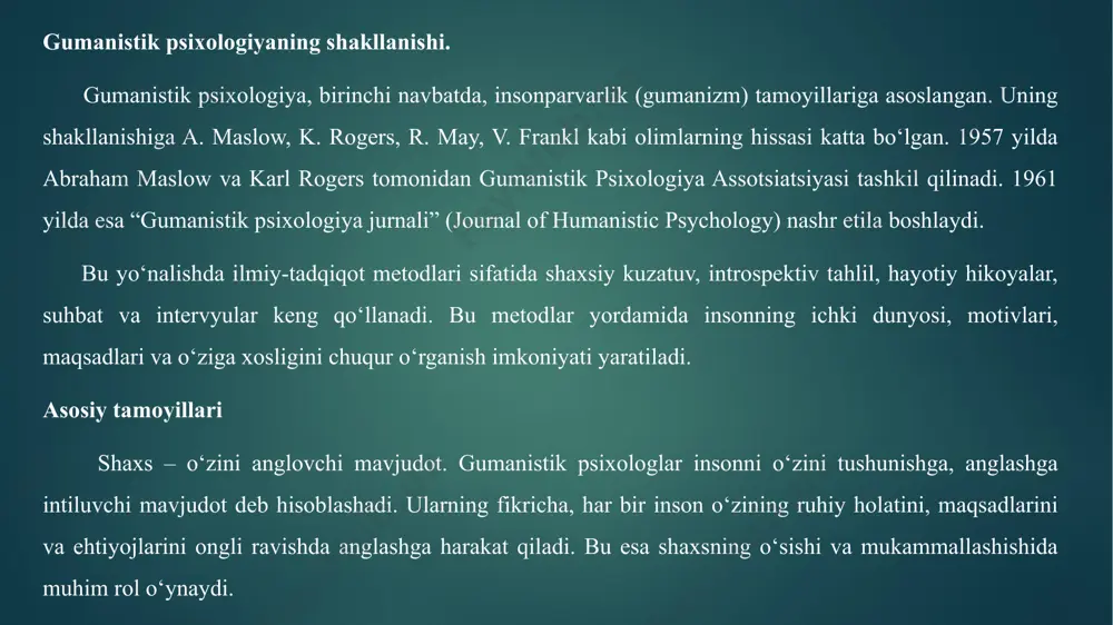 ruhiy muhit yaratish deb hisoblaydi. 3. gumanistik psixologiyaning zamonaviy amaliyotdagi o‘rni va ahamiyati. gumanistik psixologiya insonning ichki dunyosini, ma’naviy ehtiyojlarini va o‘zini anglash jarayonlarini o‘rganishga asoslangan yondashuv sifatida psixologiya tarixida muhim burilish yasadi. hozirgi kunda bu yo‘nalish nafaqat ilmiy tadqiqotlarda, balki amaliy psixologiyada, ta’lim, sog‘liqni saqlash, shaxsiy rivojlanish va boshqa ko‘plab sohalarda ham keng qo‘llanilmoqda. ushbu bobda gumanistik psixologiyaning bugungi kundagi amaliy qo‘llanilishi va ahamiyati tahlil qilinadi. 1. psixoterapiyada gumanistik yondashuv zamonaviy psixoterapiya amaliyotida gumanistik yondashuv muhim o‘rin egallaydi. ayniqsa, mijozga yo‘naltirilgan terapiya (k. rogers) va logoterapiya (v. frankl) kabi usullar shaxsiy rivojlanish, hayotdagi maqsadni aniqlash, stress va depressiyani yengish, o‘z-o‘zini qadrlashni shakllantirishda samarali bo‘lib kelmoqda. psixologlar mijozni muammoga ega inson emas, balki rivojlanishga qodir shaxs sifatida qabul qilishadi. terapiyada inson o‘zini erkin ifoda etishi, o‘zini tinglashi va hayotga boshqa nigoh bilan qarashi uchun qulay muhit yaratiladi. bu yondashuv o‘z-o‘zini anglashni kuchaytiradi va insonning ijobiy o‘zgarishlarga bo‘lgan ishonchini oshiradi. 2. …