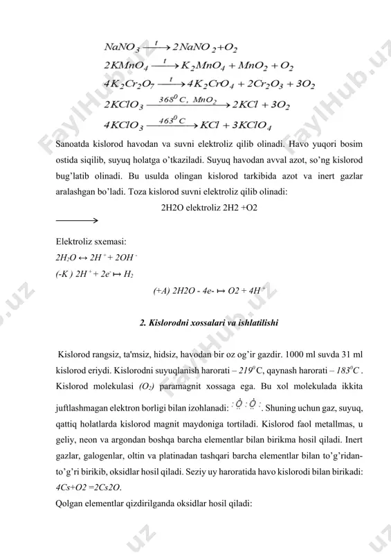 3. oltingugurtni tabiatda tarqalishi va olinishi tabiatda oltingugurtni to’rtta barqaror izotopi uchraydi: 1632s -95.06%, 1633s -0.74%, 1634s -4.18%, 1636s -0.014%/ sun'iy ravishda uchta izotopi olingan. oltingugurt yer po’stlog’i massasining 0,04% -ni tashkil etadi. u tabiatda erkin va birikmalar (sulfidlar va sulfatlar) holida uchraydi. metall sulfidlari: fes2 – temir kolchedani yoki pirit, cus va pbs – mis va qo’rg’oshin yaltirog’i, zns – rux aldamasi, hgs – kinovar minerallari holida uchraydi. sulfatlardan caso4·2h2o – gips, caso4 – angidrid, baso4 – og’ir shpat, mgso4·7h2o – taxir tuz, na2so4·10h2o – glauber tuzi holida uchraydi. oltingugurt inson organizmidagi ayrim vitaminlar va aminokislotalar tarkibida uchraydi. bundan tashqari, u o’simlik va hayvon organizmidagi oqsillar asosini tashkil etishi oltingugurtni hayotiy element ekanligini ko’rsatadi. oltingugurt termik, katalitik oksidlash va qaytarish usullarida olinadi. termik usulda maxsus kompressorlar yordamida oltingugurt joylashgan yer osti qatlamiga qaynoq suv bug’i va yuqori bosimli havo yuboriladi. yer ostida suyuqlangan oltingugurt (112,80c) bosim ostida yer ustiga …