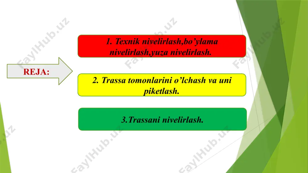 bu chiziqdagi barcha xarakterli nuqtalarning absolyut balandliklarini aniqlash maqsadida amalga oshirilgan boʻylama nivelirlash trassani nivelirlash deb ataladi. trassani nivelirlashda barcha bogʻlovchi nuqtalar hamda trassadagi oraliq nuqtalar oʻrni qoziq qoqib belgilanadi. ba'zi bir qidiruv va tekshiruv ishlarida nivelirlanishi kerak boʻlgan chiziq atrofidagi nuqtalarning absolyut balandliklarini aniqlashga toʻgʻri keladi. bunday paytda trassa kerakli joylariga qoziqlar qoqib perpendikulyar chiziqlar bilan belgilanib nivelirlanadi. bunga koʻndalang nivelirlash deyiladi. injenerlik inshootlari loyihasini tuzish hamda loyihani joyga koʻchirish va inshootlarni qurish maqsadida bajariladigan nivelirlash injener-texnik nivelirlash deyiladi. trassani profilini tuzish. a) uzala inshootlar b) trassa va trassalash. uzala inshootlar - ishlab chiqarish qurilmalarini barpo qilishda avvalo, doimo ana shu ob'ektgacha keladigan yoʻllar (temir yoʻl, avtomobil yoʻllari, elektr uzatgich, aloqa, kanal, suv, ...) kabi injenerlik inshootlari uzala inshootlarga kiradi. trassa deb loyihasi tuzilaѐtgan uzala inshootlarni karta ѐki joyda belgilangan oʻqiga aytiladi. ma'lum iqtisodiy va texnikaviy talablarga javob beradigan trassa yoʻnalishini karta va joyda aniqlash uchun bajariladigan kompleks ishlarga …