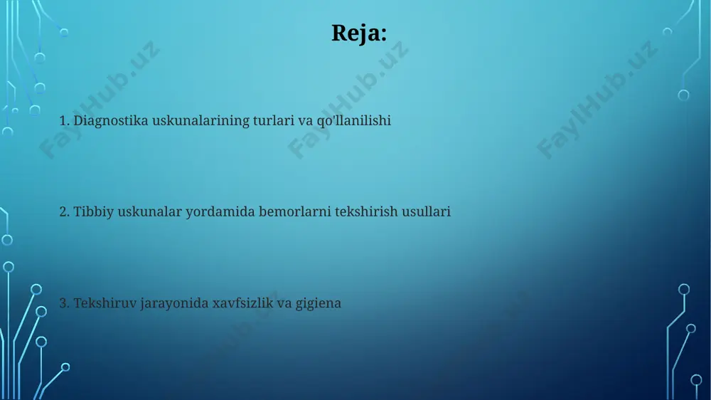 ni aniqlash va xromosomal patologiyalarni skrining qilish uchun muhim bo'lgan 11-14 haftalarda. ultratovush tekshiruvi haqida ma'lumotlar radiologik tekshiruv usullari (rentgen, kt, mri) mri (magnit-rezonans tomografiya) magnit maydon va radio to'lqinlardan foydalanadi. ionlashtiruvchi nurlanish yo'q, lekin tekshiruv vaqti uzoqroq bo'lishi mumkin, ba'zan 30-60 daqiqagacha. rentgen tekshiruvi suyaklarni yaxshi tasvirlaydi. u ionlashtiruvchi nurlanishdan foydalanadi, shuning uchun ortiqcha dozadan saqlanish kerak. oddiy rentgenogramma taxminan 0.1 msv dozani beradi. e'tiboringiz uchun rahmat @taqdimot_robot image3.jpg image4.jpg image5.jpg image6.jpg image7.jpg image8.jpg image9.jpg image2.png