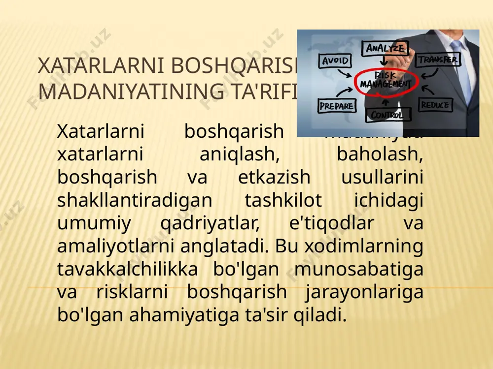 atarlar to'g'risida ochiq muloqot xodimlar tashvishlarni muhokama qilishda o'zlarini qulay his qila oladi xatarlarni boshqarish kundalik biznes jarayonlariga, shu jumladan strategik rejalashtirish, loyihalarni boshqarish va ish faoliyatini baholashga qo'shilishi kerak. hisobdorlik: xatarlarni boshqarish uchun aniq rol va majburiyatlarni belgilash tashkilotning barcha darajalarida javobgarlikni ta'minlaydi. digan qulay muhitni yaratadi. jarayonlarga integratsiya: xatarlarni boshqarish kundalik biznes jarayonlariga, shu jumladan strategik rejalashtirish, loyihalarni boshqarish va ish faoliyatini baholashga qo'shilishi kerak. hisobdorlik: xatarlarni boshqarish uchun aniq rol va majburiyatlarni belgilash tashkilotning barcha darajalarida javobgarlikni ta'minlaydi. xatarlarni boshqarish madaniyatini rivojlantirish strategiyalari: xatarlarni boshqarish tizimini ishlab chiqish: tashkilot ichida xavflarni qanday aniqlash, baholash va boshqarishni belgilaydigan tizimli yondashuvni yaratish. xodimlarni jalb qilishni rag'batlantirish: xodimlarni sotib olish va egalik huquqini oshirish uchun xatarlarni boshqarish tashabbuslari va qaror qabul qilish jarayonlariga jalb qilish. tan oling va mukofotlang: xatarlarni boshqarish muhimligini kuchaytirib, xavflarni faol ravishda aniqlaydigan va boshqaradigan xodimlarni tan oling va mukofotlang. muntazam sharhlar va mulohazalar: xatarlarni boshqarish …