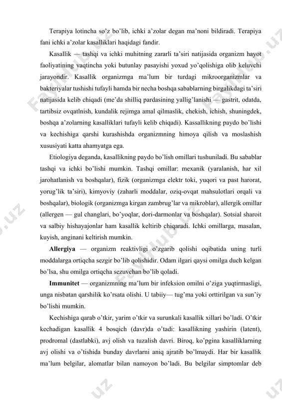 ri bo’ladi. o’tkir kechadigan kasallik 4 bosqich (davr)da o’tadi: kasallikning yashirin (latent), prodromal (dastlabki), avj olish va tuzalish davri. biroq, ko’pgina kasalliklarning avj olishi va o’tishida bunday davrlarni aniq ajratib bo’lmaydi. har bir kasallik ma’lum belgilar, alomatlar bilan namoyon bo’ladi. bu belgilar simptomlar deb ataladi. masalan, yo’tal bronxlar yallig’lanishi — bronxit simptomidir. simptomlar subyektiv (masalan, gipertoniya kasalligida seziladigan bosh og’rig’i) va obyektiv bo’lishi mumkin (yurak parogida stetoskop yoki fonendoskop yordamida yurak eshitib ko’rilganda shovqin borligi ma’lum bo’ladi). kasallik simptomlari laborator tekshiruv usullarida ham aniqlanadi. kasallik xronik tarzda o’tayotganida ahvol yaxshilanib (davo ta’sirida), kasallik simptomlarining vaqtincha susayib qolishi yoki yo’qolib ketishi bilan boradigan jarayon remissiya, ya’ni kasallik takrorlanib turgan davr deb ataladi (masalan, xronik gastritda bo’ladigan remissiya). retsidiv, ya’ni qo’zish — kasallik simptomlari bir qadar uzoq vaqt bosilib turgandan keyin yana paydo bo’lishiga aytiladi (meda yara kasalligining retsidivi). sindrom — organizmning ma’lum patologik holatini xarakterlab beradigan va umumiy patogenez bilan birlashgan …
