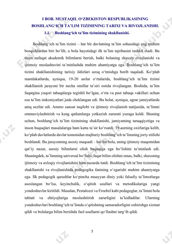 ing imkoniyatlariga mos keladigan ta’limni ta’minlashda davom etmoqda va kelajakda ham o‘zgarishlarga moslashib, yanada takomillashib borishi kutilmoqda. boshlang‘ich ta’lim tizimi dunyo bo‘ylab keng tarqalgan va uning shakllanishi, albatta, har bir mamlakatning tarixiy, madaniy, iqtisodiy va siyosiy sharoitlariga bog‘liq bo‘lgan jarayon. ta’lim tizimining dastlabki shakllari ko‘pincha diniy va feodal tizimlar bilan chambarchas bog‘liq edi. ko‘plab jamiyatlarda ta’lim asosan diniy ma’rifatni targ‘ib qilish uchun ajratilgan bo‘lsa, ba’zi mamlakatlarda ta’lim faqatgina elita uchun mavjud edi. ta’lim faqatgina boy va yuqori tabaqa vakillariga taqdim etilar, qolgan aholining ta’lim olish imkoniyatlari juda cheklangan edi. tarixiy jihatdan, boshlang‘ich ta’lim tizimining shakllanishida bir necha asosiy bosqichlar mavjud. feodal jamiyatlar davrida ta’lim faqat ruhoniylar, ba’zan esa oligarxik to‘da vakillariga berilgan. bu davrda ta’limning asosiy maqsadi diniy bilimlarni berish va jamiyatni ma’lum bir ijtimoiy tartibda ushlab turish edi. shu sababli, boshlang‘ich ta’lim ko‘plab jamiyatlarda, ayniqsa, xitoy, misr, gretsiya va rimda ma’lum darajada mavjud edi, ammo bu tizim faqatgina muayyan …