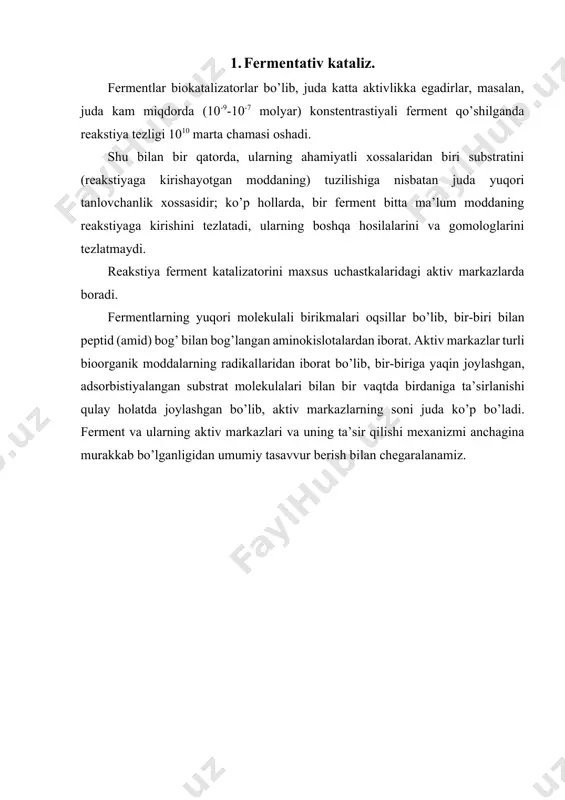 antasi. k2 ferment+substrat (es) kompleksning (birinchi tartib bilan reakstiya parchalanib reakstiya mahsulot «r» ga va fermenti qaytadan (e) ajralib chiqish (regenerastiya) reakstiyasining tezlik konstantasi. es-kompleksning hosil bo’lish reakstiyasining muvozanat konstantasi (ks) (xiii.10) e va s0 – boshlang’ich miqdorlar bo’lib, amalda [s0]>>[e0] bo’ladi. fermentning umumiy mikdori (e0): bo’ladi (xiii.11) ya’ni reakstiyaga kirishib kompleksdagi (es) va ozod holdagi (reakstiyaga kirishmagan) miqdori (e) ning yig’indisiga teng. (xiii.10) va (xiii.11) tenglamalardan kelib chiqadi. ferment subtrat kompleksining ajralish tezligi esa, reakstiya boshlarida s ning kam reakstiyaga kirishganini va tajriba uchun boshqa substrat kup mikdorda olinganini e’tiborga olib boshda olingan substrat mikdoriga nisbatan substratni reakstiya kirishgan mikdorini hisobga olmasa ham bo’ladi (s 0- s = s 0), ya’ni [s] = [s 0] deb qabul qilishi mumkin. (s 0) substratning umumiy (tajriba uchun olingan mikdori) va (xiii.12) (xiii. 12) tenglama, (xiii. 9) – sxema bo’yicha boradigan fermenttativ reakstiya tezligi, substrat va fermentlarning dastlabki olingan mikdori bilan o’zgarishini …