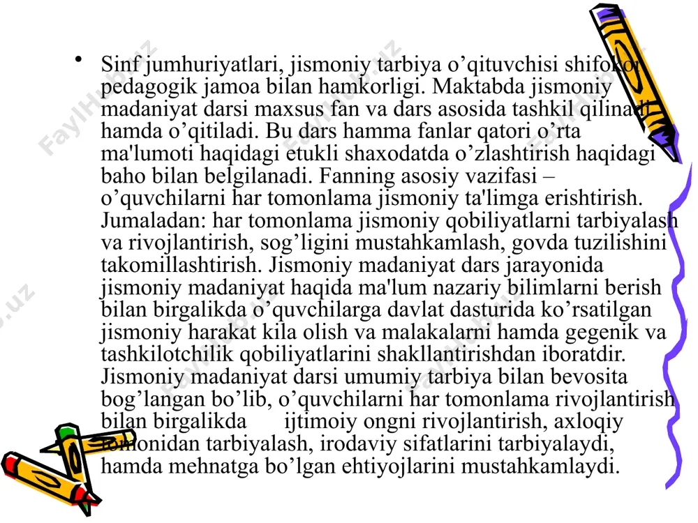 i. shu'balarni tuzishda mashg’ulotlarni uyushtirish soddaligi bilan farq qiladigan, qimmatbaho va murakkab jihozlarni talab etmaydigan, o’quvchilar ommaviyligini taminlaydigan, shug’ullanuvchilarning har tomonlama tayyorgarligiga imkoniyat yaratadigan, amaliy ahamiyatga ega hamda o’quv dasturi mazmuni bilan bog’liq bo’lgan sport turlariga asosiy o’rin berilmogi kerak. shu'baga asosiy tibbiy guruh o’quvchilari «vrachdan mashg’ulotga ruxsatnoma olganlar» qabul qilinadi. saralash tanlovini o’tkazish maqsadga muvofiq emas, bu o’quvchilarning sport ixtisosligini tashlashini chegaralaydi va sinfdan tashqari ishlarning vazifalariga zid hisoblanadi. image1.jpeg image2.jpeg image3.jpeg image4.png image5.jpeg /docprops/thumbnail.jpeg