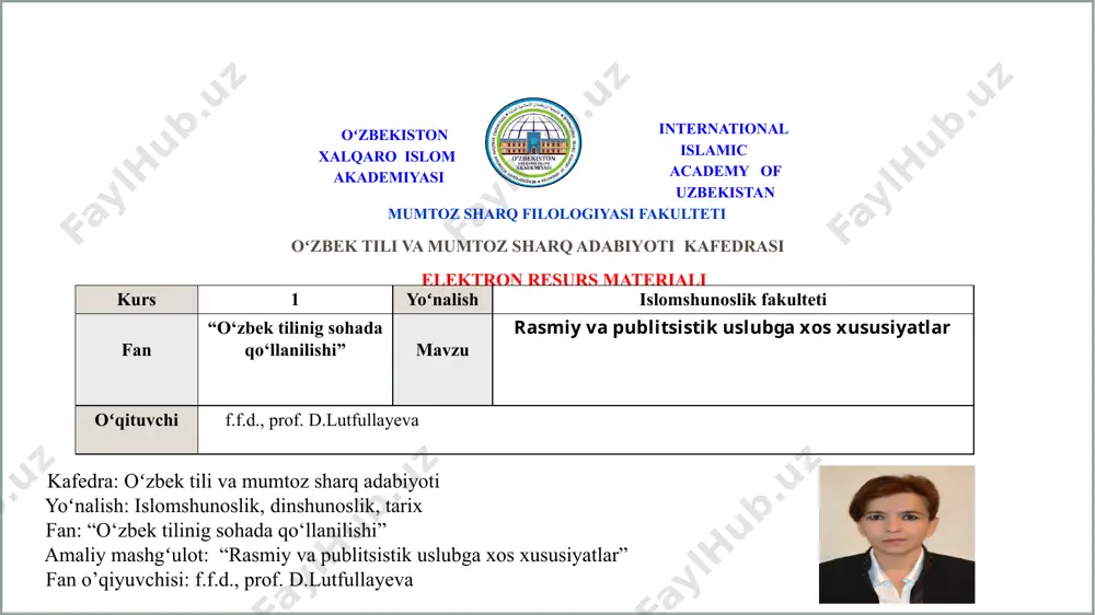 italari tizimining muayyan aloqa doirasida maqsadga muvofiq tanlash natijasida tarixan tashkil topgan nutq ko‘rinishlaridir. nutq uslublari tilning vazifasi – funksiyasi bilan bevosita bog‘liq bo‘ladi. shuning uchun ham ular funktsional uslublar deb yuritiladi. rasmiy uslub rasmiy uslub iqtisodiy, siyosiy, huquqiy, madaniy, ijtimoiy sohalarda qo’llanadi. rasmiy doirada о‘rnatiladigan aloqa-munosabatlarini ifoda etish va qayd etishga xizmat qiluvchi nutq uslubidir. rasmiy uslubga berilgan ta’riflar 1 2 3 m.muhitdinova, n.abdullayevalarning «rasmiy uslubning diplomatik yozishmalar turi» deb nomlagan о‘quv qо‘llanmasida ham shunga yaqin tavsif keltirilgan: «rasmiy uslub jamiyatdagi ijtimoiy, huquqiy munosabatlar, о‘zaro rasmiy aloqalar uchun xizmat qiluvchi nutq uslubi bо‘lib, boshqa uslublardan hujjatchilik xususiyati bilan ajralib turadi». n.mahmudov, a.rafiyev, i. yо‘ldoshevlar tomonidan akademik litsey о‘quvchilari uchun yozilgan «davlat tilida ish yuritish» darsligida rasmiy uslubga quyidagi tavsif berilgan: «rasmiy-idoraviy nutq uslubi jamiyatdagi ijtimoiy, huquqiy munosabatlar, davlat va davlatlararo rasmiy, siyosiy-iqtisodiy, madaniy aloqalar uchun xizmat qiluvchi uslubdir». e.begmatov boshchiligidagi mualliflar jamoasi tomonidan tuzilgan «о‘zbek nutqi madaniyati ocherklari» kitobida …