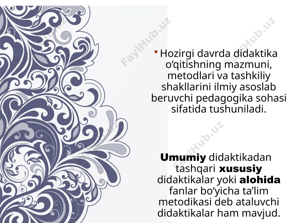 l motivlari sifatlarining rivojlanishi mumkin. 1960 yilda maxsus ta’limning o’sib boruvchi funksiyasi degan termen paydo bo’ldi. didaktika ta’lim nazariyasi sifatida. didaktika ikkiga bo’linadi. 1. umumiy didaktika 2. xususiy didaktika umumiy didaktika maktabalarda o’rganioladigan barcha predmetlarga xos bo’lgan o’quv jarayoning umumiy qonuniyatlari tekshiriladi va belgilanadi. xususiy didaktikada esa u yoki bu predmetni o’rgatishga xos bo’lgan didaktik qonuniyatlar tekshiriladi va belgilanadi. didaktika pedagogika fanlari sirasiga kirgani uchun ham ta’lim sohasini tadqiq etishda pedagogik ilmiy – tekshirish metodlaridan foydalaniladi. 1. kuzatish . 2. ilg’or pedagogik tajribani o’rganish va umumlashtirish. 3. didaktik eksprement. 4. hujjat va arxiv materialllarini tekshirish. 5. suhbat va anketa. hozirgi kunda ta’lim to’g’risida” gi qonun talim oldiga qo’ygan muhim vazifalarini yechish hozirgi zamon didaktikasi zimmasiga tushdi. o’qitish jarayonini ko’rgazmali tashkil etish zarur. ham eshitish, ham ko’rish va ko’rsatish orqali o’quv materialini idrok qilish , ularni ongli va puxta o’zlashtirish, bilimlarni turmushdagi zaruriyatni anglab yetishlariga asos bo’ladi. e’tiboringiz uchun raxmat image1.jpeg …