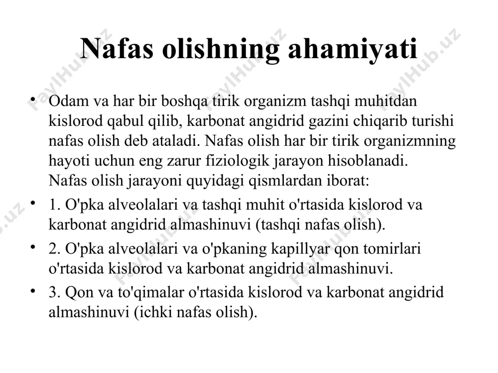gan. o'pka to'qimasi daraxtsimon shakldagi o'rtacha, mayda va eng mayda bronxchalardan hamda pufakchasimon alveolalardan tashkil topgan. o'pka to'qimasi bronxlar va alveolalardan tashkil topganligi tufayli, u g'ovaksimon tuzilgan bo'ladi. o'pka alveolalarida gaz almashinuvi jarayoni kechadi. ulaming devori bir qavatli epiteliy to'qimasidan iborat bo'lib, atrofi mayda qon tomirlari - kapillyarlar bilan to'rsimon shaklda o'ralgan. alveolalarning soni ikkala o'pkada 750 mln atrofida bo'ladi. alveolalarning umumiy sathi 100 m kvni tashkil qiladi. ular yuzasining bunday katta sathga ega bo'lishi o'pka bilan tashqi muhit o'rtasida hamda alveolalar bilan qon o'rtasida gazlar almashinuvi tczlashuvini ta'minlaydi. o'pka tashqarida o'pka membrana - plevra bilan qoplangan, uning ikkita bargi bor: o'pka (visseral) parietal (parietal). ularning o'rtasida yopiq bo'shliq - oz miqdorda seroz (plevral) suyuqlik bo'lgan plevra bo'shlig'i nafas olish harakatlarida bir varaqning ikkinchisiga siljishini osonlashtiradi. plevra bo'shlig'ida havo yo'q. undagi bosim har doim salbiy - atmosferadan past. o'pka mushak membranasining hujayralari bronxlar lümenini tartibga soladi. o'pka alveolalarida mushak hujayralari …