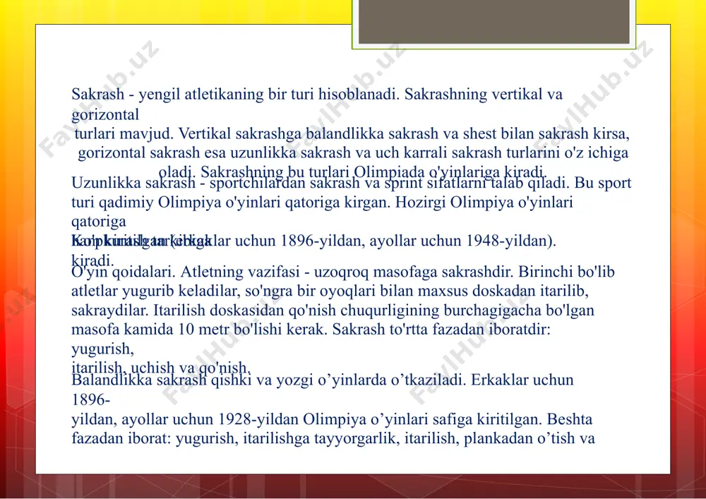 ar uchun 2000-yildan). o’yin qoidalari.shest bilan sakrashmusobaqalari sakrash va qo’nish uchun moslashgan sektorlarda o’tkaziladi. sportchiga boshlang’ich etapda va finalda har bir balandlikda uchta harakat beriladi. balandlikning oshishi hakamlar tomonidan belgilanadi va u kamida 5 smni tashkil etishi kerak. uchtali sakrash–yengil atletikaning programmalaridan biridir. u olimpiya o’yinlarida 1896-yildan beri o’tkaziladi. sportchi maxsus sektordan yugurib kelib, brusokga yetib kelgandan keyin undan itarilib sakraydi.sakrash 3 bosqichdan iborat bo’lib, birinchi bosqichda–sakrashni amalga oshirayotganda brusokka qaysi oyog’i bilan birinchi sakragan bo’lsa, huddi o’sha oyog’i bilan brusokdan qumga sakrashni amalga oshirishi kerak. 2-boshqich qadam deyiladi, bunda yerga boshqa oyog’ bilan teyish kerak.ohirgibosqich esa qumga sakrab tushishdir. sakrashlarning tasnifl badiiy gimnastikada turli sakrashlarning extimolga yaqin soniasosan chegaralanmagan. bu sakrash shaklini aniqlovchi omillar ancha ko'pligini izohlaydi, bir sakrashda birlashadigan buomil laming turli kombinatsiya imkoniyatlari esa turli harakatlarnipaydo bo'lishiga olib keladi. shu sababli sakrashning mohiyatiga ko'ra qat'iy va to'liq tasniflab bo'lmaydi. lekin, uslubiy va amaliy maqsad uchun sakrash to'g'risida …