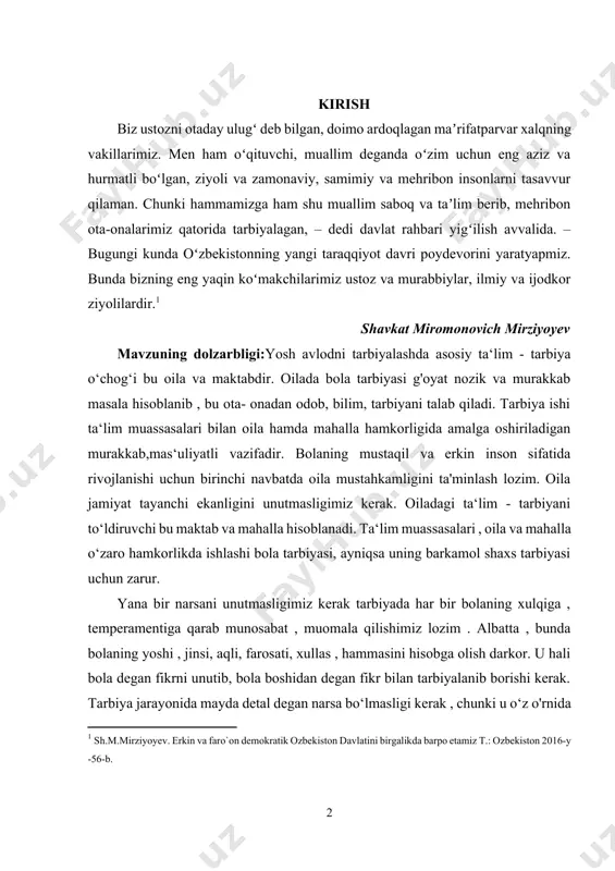 v mavzuning dolzarbligi:yosh avlodni tarbiyalashda asosiy ta‘lim - tarbiya o‘chog‘i bu oila va maktabdir. oilada bola tarbiyasi g'oyat nozik va murakkab masala hisoblanib , bu ota- onadan odob, bilim, tarbiyani talab qiladi. tarbiya ishi ta‘lim muassasalari bilan oila hamda mahalla hamkorligida amalga oshiriladigan murakkab,mas‘uliyatli vazifadir. bolaning mustaqil va erkin inson sifatida rivojlanishi uchun birinchi navbatda oila mustahkamligini ta'minlash lozim. oila jamiyat tayanchi ekanligini unutmasligimiz kerak. oiladagi ta‘lim - tarbiyani to‘ldiruvchi bu maktab va mahalla hisoblanadi. ta‘lim muassasalari , oila va mahalla o‘zaro hamkorlikda ishlashi bola tarbiyasi, ayniqsa uning barkamol shaxs tarbiyasi uchun zarur. yana bir narsani unutmasligimiz kerak tarbiyada har bir bolaning xulqiga , temperamentiga qarab munosabat , muomala qilishimiz lozim . albatta , bunda bolaning yoshi , jinsi, aqli, farosati, xullas , hammasini hisobga olish darkor. u hali bola degan fikrni unutib, bola boshidan degan fikr bilan tarbiyalanib borishi kerak. tarbiya jarayonida mayda detal degan narsa bo‘lmasligi kerak , …