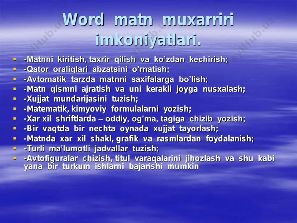 yati quyidagicha:  bu bo'limning шрифт bandiga murojaat qilinganda, xarflarni turi, ulchami, rangi, yozilish usulini tanlashga doir muloqotli darcha ochiladi. mulokotli darcha o'zining menyusiga ega. шрифт bandi xarflarning ko'rinishini tanlaydi. интервал bandi yordamida xarflar va satrlar orsasidagi intervallar tanlanadi. xujjatni formatlash , shriftlarni uzgartirish.  matn komp'yuter xotirasiga kiritilgandan so'ng, uni bosmaga eng qulay va chiroyli tartibda, xujjatning mazmunini bo'rttirib ko'rsata oladigan ko'rinishda tayyorlash zarur bo'ladi. bu vazifani menyu ning формат bo'limi amalga oshiradi.uning bandlari moxiyati quyidagicha:  bu bo'limning шрифт bandiga murojaat qilinganda, xarflarni turi, ulchami, rangi, yozilish usulini tanlashga doir muloqotli darcha ochiladi. mulokotli darcha o'zining menyusiga ega. шрифт bandi xarflarning ko'rinishini tanlaydi. интервал bandi yordamida xarflar va satrlar orsasidagi intervallar tanlanadi. ba'zi xollarda, masalan, ruznomalarda xujjatni ustunlar ko'rinishida rasmiylashtirish maqsadga muvofiq bo’ladi. bu vazifani колонки bandi ko'magida amalga oshirish mumkin.abzatslarning bosh xarfini aloxida ajratib ko'rsatish uchun буквица bandiga murojaat va natijada joriy abzatsdagi vaziyat vujudga keladi. xujjatning …