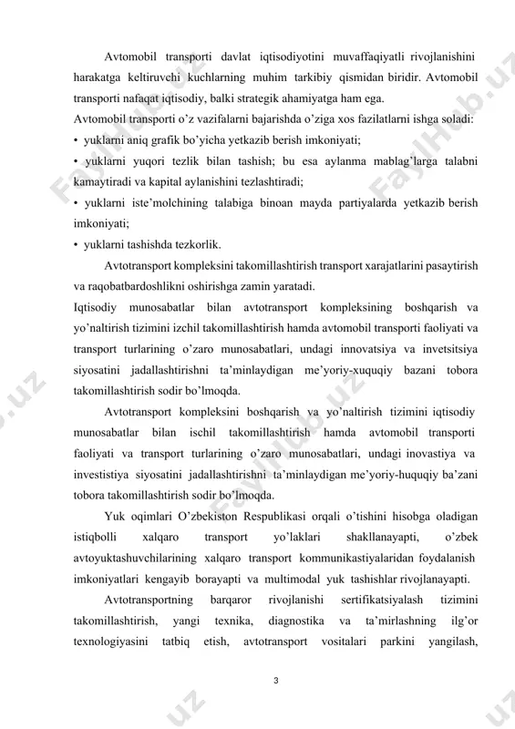hning ilg’or texnologiyasini tatbiq etish, avtotransport vositalari parkini yangilash, avtoyuktashish xavfsizligini tekshirish va nazorat qilishning izchil mexanizmini kuchaytirish bilan bog’liq. ishlarning samaradorligi ijtimoiy himoya va kadrlar bilan ishlash siyosatining samaradorligiga, mehnatni va atrof muhitni muhofaza qilish tadbirlarini takomillashtirishga bog’liq. avtotransport vositalaridan foydalanish transport vositalarini ishlatish jarayonini ta’minlaydigan, shu jumladan, avtotransport vositalarini texnik ishga layoqatli holatda tutib turishga yo’naltirilgan tadbirlar majmui (kompleksi)dir. texnik foydalanish resurslarni oqilona sarf qilib, avtotransport vositalarini ishga layoqatli holatda tutib turishdan iboratdir. texnik foydalanish konstrukstiyalash va ishlab chiqarishda ko’zda tutilgan yuk tashish jarayoni imkoniyatlarini, iqtisodiy maqsadga muvofiqligini e’tiborga olgan holda, yo’lovchilarni va yuklarni tashishda muntazamlilikni va xavfsizlikni ta’minlashga yo’naltirilgan. texnik foydalanish yana quyidagilarni ko’zda tutadi: • mehnat va moddiy resuslardan oqilona foydalanib, avtomobilni ishga layoqatli holatda tutib turish; • harakatdagi tarkibning tavsiflarini ekologik xavfsizlik va harakat xavfsizligi sharoitlariga muvofiqligini ta’minlash; • xodimlarga me’yoriy hujjatlarda ko’rsatilgan talablarga mos ish sharoiti yaratish va ularni yangi zamonaviy ishlab chiqarish texnologiyalari …