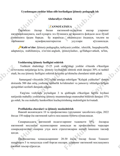 uyushmagan yoshlar bilan olib boriladigan ijtimoiy pedagogik ish — DOCX
