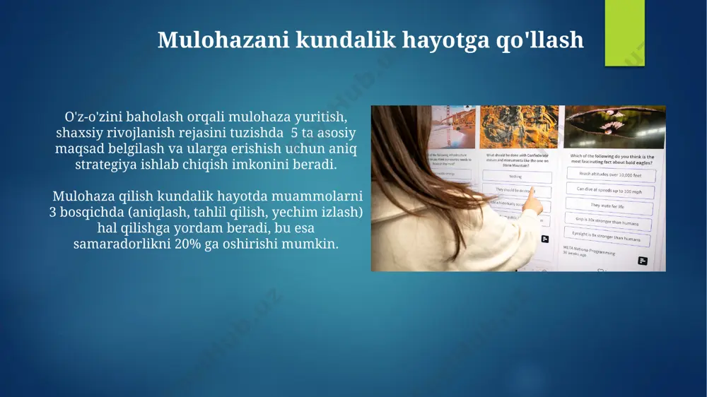h mumkin. bu jarayon o'z ustida ishlashni talab qiladi. mulohaza qilish jarayoni 3 bosqichdan iborat: 1) o'z-o'zini baholash, 2) boshqalarning fikrlarini tinglash va tahlil qilish, 3) kelajakdagi harakatlar uchun rejalar tuzish. bu jarayon shaxsning o'sishida muhim rol o'ynaydi. interaktiv usullarni qo'llashning ahamiyati o'quv jarayoniga o'yinlashtirish elementlari va texnologiyalarni qo'shish orqali 5 dan ortiq turdagi sezgi organlarini jalb qilish bilish jarayonini samaradorligini sezilarli darajada oshiradi. interaktiv mashg'ulotlar natijasida o'quvchilarning muloqot ko'nikmalari 40% ga, muammolarni hal qilish qobiliyatlari esa 25% ga yaxshilanadi. mulohazani rag'batlantirish usullari "miya hujumi" (brainstorming) metodi orqali 10 tadan kam bo'lmagan fikrlarni yig'ish, ularni tahlil qilib, eng samarali 3 tasini tanlash orqali o'quvchilarning ijodiy fikrlashini rivojlantirishga yordam beradi. o'quvchilarni 3-5 kishilik guruhlarga bo'lib, har bir guruhga turli xil aks ettirish usullarini qo'llash bo'yicha topshiriqlar berish, natijalarni muhokama qilish orqali faol ishtirokini ta'minlash mumkin. individual mulohaza usullari o'z-o'zini baholash daftarlari orqali talabalar 10 balldan 5 ballini o'zlari aniqlab, kamchiliklarini bartaraf …