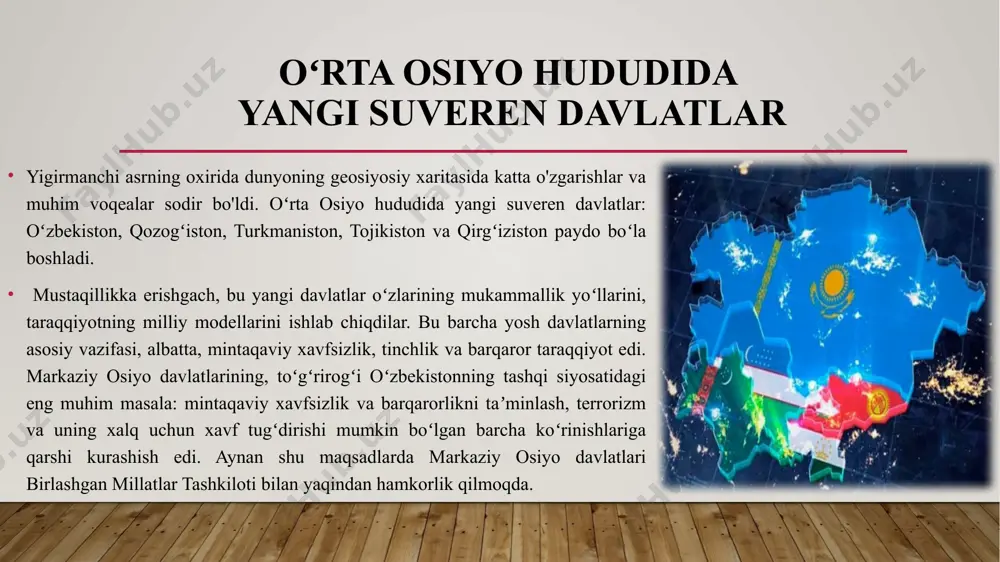 qat "faqat muayyan mintaqalarda davlatlarning o'zaro tushunishi va o'zaro hamkorligini ta'minlash orqali butun dunyoda tinchlik va barqarorlikka erishish yo'llarini aniqlash mumkin". afg‘oniston va tojikistondagi mojarolar afg‘oniston va tojikistondagi mojarolar markaziy osiyo davlatlarining xavfsizligi va tinchligiga real tahdid solayotgan bo‘lsa, orol muammosi jahon hamjamiyatini xavotirga solmoqda. bu masalalarni ko‘rib chiqish uchun jahon hamjamiyatida 1995-yil 15-16-sentyabrda toshkent shahrida bmt bosh kotibining bevosita ko‘magida markaziy osiyoda xavfsizlik va hamkorlik masalalariga bag‘ishlangan seminar-kengashi bo‘lib o‘tdi. toshkent yig‘ilishida bmt xavfsizlik kengashi a’zolari (aqsh, fransiya, angliya, rossiya va xitoy), 20 ta xalqaro tashkilot, jumladan, islom konferensiyasi tashkiloti (iht), 30 ta davlat vakillari va markaziy osiyo davlatlaridan delegatsiyalar ishtirok etdi ( qozog‘iston, qirg‘iziston, tojikiston va turkmaniston), shuningdek, 16 davlatdan mutaxassislar ishtirok etishdi. toshkent majlisida mintaqaviy va global ahamiyatga molik bir qator masalalar muhokama qilindi. bu forumning asosiy xulosasi shundan iborat ediki, eng avvalo, hududlarda tinchlikni saqlash, turli mintaqalar davlatlarini kelishuvga erishish zarur. bmt va boshqa xalqaro tashkilotlarning …