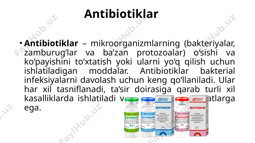 asin. bu dorilar bakteriyalarning dnk sintezini to‘xtatadi. 6 слайд 8 с анализом проекта ta’sir doirasi antibiotiklar antibiotiklar g- g+ gram-musbat bakteriyalar qalin hujayra devoriga ega bo‘ladi. ular uchun penitsillinlar, tsefalosporinlar, makrolidlar samarali. bu antibiotiklar, masalan, amfoteritsin b va nistatin, zamburug‘ infektsiyalariga qarshi ishlatiladi.. gram-manfiy bakteriyalar murakkab hujayra devoriga ega, ularni davolash uchun aminoglikozidlar, ftorxinolonlar qo‘llaniladi. chunki viruslar bakteriyalar kabi o‘ziga xos strukturalarga ega emas va antibiotiklar ularga ta’sir qilmaydi. gram-musbat bakteriyalarga qarshi antibiotiklar: zamburug‘larga qarshi antibiotiklar gram-manfiy bakteriyalarga qarshi antibiotiklar: viruslarga qarshi antibiotiklar mavjud emas 7 antibiotiklarning ishlatilishi antibiotiklar turli xil bakterial infeksiyalarni davolashda ishlatiladi: yuqori nafas yo‘llari infektsiyalari (pnevmoniya, bronxit) — penitsillinlar, tsefalosporinlar. teri va yumshoq to‘qimalar infektsiyalari — makrolidlar, tsefalosporinlar. siydik yo‘llari infektsiyalari — ftorxinolonlar, nitrofurantoin. ichak infektsiyalari — metronidazol, ftorxinolonlar. antibiotiklarning xossalari spektr kengligi: antibiotikning gram-musbat va gram-manfiy bakteriyalarga ta’sir ko‘rsatish qobiliyati. keng spektrli antibiotiklar ko‘proq mikroorganizmlarga qarshi ishlaydi. farmakokinetika: antibiotikning tanaga kirishi, tarqalishi, so‘rilishi va chiqarilishi. …