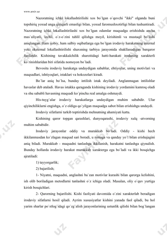 i. bo`lar aniq bo`lsa, bunday intilish istak deyiladi. anglanmagan intilishlar havaslar deb ataladi. havas istakka qaraganda kishining irodaviy yordamini kamroq oladi va shu sababli havasning maqsadi ko`pincha real amalga oshmaydi. his-tuyg`ular irodaviy harakatlarga undaydigan muhim sababdir. ular qiyinchiliklarni engishga, o`z oldiga qo`yilgan maqsadga sabot bilan erishishga undaydi. irodaviy sifatlarni tarkib toptirishda mehnatning ahamiyati katta. kishining qaror topgan qarashlari, dunyoqarashi, irodaviy xulq -atvorning muhim sababidir. irodaviy jarayonlar oddiy va murakkab bo`ladi. oddiy - kishi hech ikkilanmasdan ko`zlagan maqsad sari boradi, u nimaga va qanday yo`l bilan erishajagini aniq biladi. murakkab - maqsadni tanlashga ikkilanish, harakatni tanlashga qiynalish. bunday hollarda irodaviy harakat murakkab xarakterga ega bo`ladi va ikki bosqichga ajratiladi: 1) tayyorgarlik; 2) bajarilish; 1- niyatni, maqsadni, anglashni ba`zan motivlar kurashi bilan qarorga kelishini, ish olib boriladigan metodlarni tanlashni o`z ichiga oladi. masalan, oliy o`quv yurtiga kirish bosqichlari. 2- qarorning bajarilishi. kishi faoliyati davomida o`zini xarakterlab beradigan irodaviy sifatlarni hosil qiladi. ayrim …