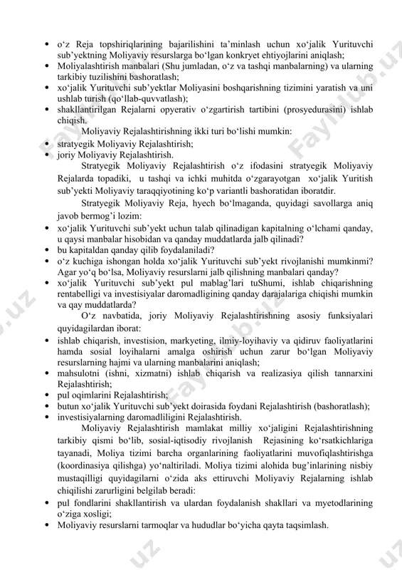 ifodasini stratyegik moliyaviy rejalarda topadiki, u tashqi va ichki muhitda о‘zgarayotgan xо‘jalik yuritish sub’yekti moliyaviy taraqqiyotining kо‘p variantli bashoratidan iboratdir. stratyegik moliyaviy reja, hyech bо‘lmaganda, quyidagi savollarga aniq javob bermog’i lozim: · xо‘jalik yurituvchi sub’yekt uchun talab qilinadigan kapitalning о‘lchami qanday, u qaysi manbalar hisobidan va qanday muddatlarda jalb qilinadi? · bu kapitaldan qanday qilib foydalaniladi? · о‘z kuchiga ishongan holda xо‘jalik yurituvchi sub’yekt rivojlanishi mumkinmi? agar yо‘q bо‘lsa, moliyaviy resurslarni jalb qilishning manbalari qanday? · xо‘jalik yurituvchi sub’yekt pul mablag’lari tushumi, ishlab chiqarishning rentabelligi va investisiyalar daromadligining qanday darajalariga chiqishi mumkin va qay muddatlarda? о‘z navbatida, joriy moliyaviy rejalashtirishning asosiy funksiyalari quyidagilardan iborat: · ishlab chiqarish, investision, markyeting, ilmiy-loyihaviy va qidiruv faoliyatlarini hamda sosial loyihalarni amalga oshirish uchun zarur bо‘lgan moliyaviy resurslarning hajmi va ularning manbalarini aniqlash; · mahsulotni (ishni, xizmatni) ishlab chiqarish va realizasiya qilish tannarxini rejalashtirish; · pul oqimlarini rejalashtirish; · butun xо‘jalik yurituvchi sub’yekt doirasida foydani …