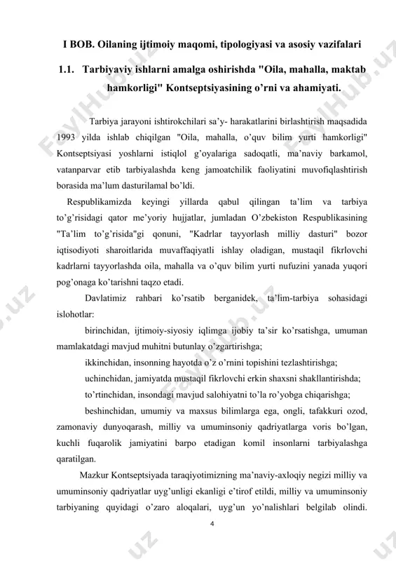 ligi ekanligi e’tirof etildi, milliy va umuminsoniy tarbiyaning quyidagi o’zaro aloqalari, uyg’un yo’nalishlari belgilab olindi. milliy tarbiya yo’nalishi orqali yoshlarda o’zlikni anglash, vatanparvarlik, milliy g’urur, millatlararo muloqot madaniyati, milliy mafkuraviy onglilik, milliy odob, fidoyilik fazilatlari shakllantiriladi. umuminsoniy yo’nalishda huquqiy, iqtisodiy, jismoniy, aqliy, estetik, ekologik, gigityenik va boshqa tarbiya yo’nalishlari amalga oshiriladi. bu kontseptsiya milliy davlatchilik va jamiyat qurilishi talablari asosliligini ta’minlaydi. kontseptsiyada oilaga alohida e’tibor qaratildi. o’zbekistonda 1998 yil "oila yili" deb e’lon qilinishi oilaning tarbiyaviy rolini yanada kuchaytirdi. qayd etilgan masalalar jamiyatimiz, xalqimiz, davlatimiz taqdiri va uning dunyo miqyosidagi syosiy, iqtisodiy, ijtimoiy salohiyatini shakllantirishda g’oyat katta ahamiyatga ega ekanligiga o’zbekiston respublikasi vazirlar mahkamasining 1998 yil 26 martda qabul qilingan "ijtimoiy-ma’naviy muhitni yanada sog’lomlashtirish, diniy aqidaparastlikning oldini olish chora-tadbirlari to’g’risida"gi 130-sonli qarori misol bo’la oladi. shuningdek, o’zbekiston respublikasining "ta’lim to’g’risida"gi qonunining 30-moddasida "voyaga yetmagan shaxslarning ota-onalari yoki qonuniy vakillari shaxsning qonuniy huquqlari va manfaatlarini himoya qilishlari shart hamda ularning tarbiyasi, …