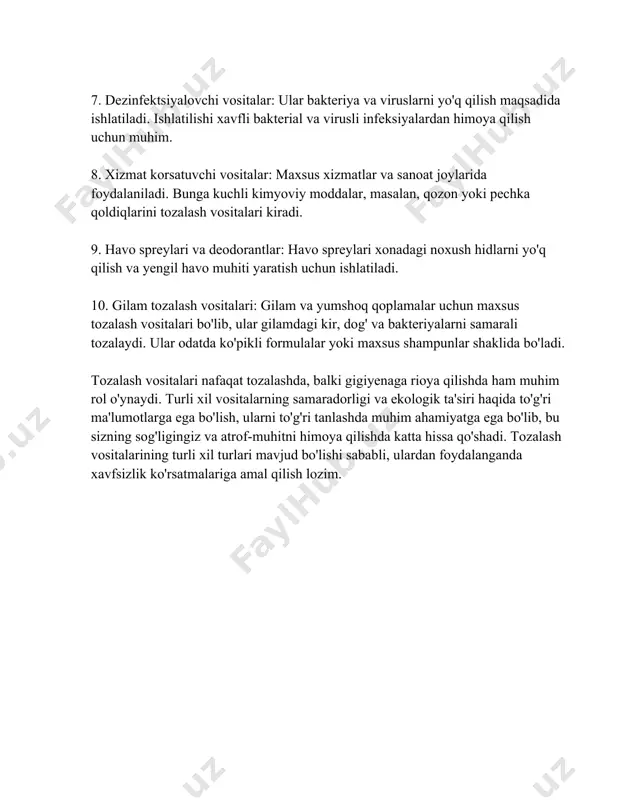 acha bo'lgan 1000 ga yaqin bola ichimlik suvi va sanitariya masalalaridan kelib chiqqan diareya tufayli hayotni yo'qatadi. diareyadan qolgan o'lim sabablari orasida gigiyena va tozalikka rioya qilish yetishmovchiligi katta o'rin tudiradi. 5. iqtisodiy ta'sirlar: gigiyena va sanitariya xizmatlarini yangilash va rivojlantirish iqtisodiy jihatdan samarador natijalarni ko'rsatadi. masalan, unicef'ning ma'lumotiga ko'ra, toza suv va sanitariya xizmatlariga sarmoya kiritish har bir dollarga 4 dollargacha iqtisodiy yo'qotishlardan saqlanish imkonini beradi. 6. ovqatlanish gigiyenasi: sog'lom ovqatlanishni ta'minlash uchun ovqat tayyorlashda va iste'mol qilishda gigiyena qoidalariga rioya etish juda muhimdir. buzilgan ovqatlar orqali yuzaga keladigan kasalliklar osonlikcha gigiyenik muolajalar orqali kamaytirilishi mumkin. statistikaga ko'ra, har yili global miqyosda 600 million kishi oziq-ovqat orqali yuqadigan kasalliklardan aziyat chekmoqda. 7. shaxsiy gigiyena: shaxsiy gigiyena tartib-qoidalariga rioya etish orqali, masalan, muntazam di yuvish orqali tish kasalliklarining oldini olish mumkin. ma'lumotlarga ko'ra, dunyo aholisining kamida 3,5 milliard kishi tish va og'iz bo'shlig'i bilan bog'liq kasalliklardan aziyat chekmoqda. muntazam qo'l …