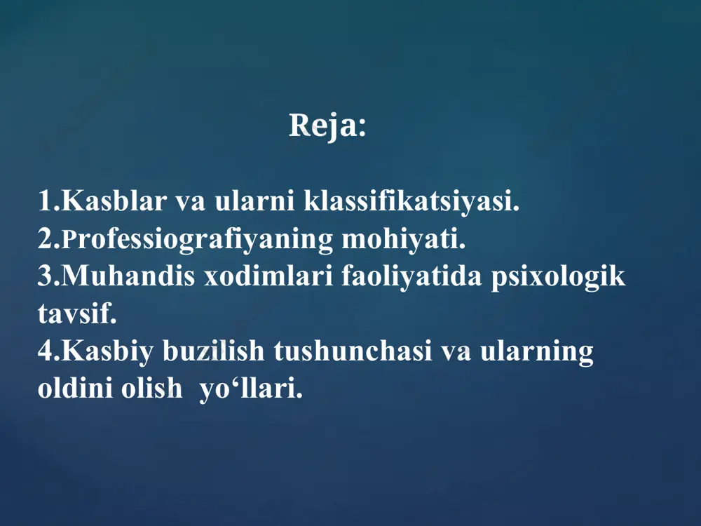 ikatsiyasi-yaqin kasblarni ma’lum bir sifatlarga ko‘ra, turli guruhlarga birlashtirish. kasblar klassifikatsiyasining bir qancha turlari mavjud. e.a.klimovning kasblar klassifikatsiyasi mehnat predmeti mehnat maqsadi mehnat qurollari mehnat sharoiti kasblar tuzilmasi (e.a.klimov) * mehnat ob’ektiga ko‘ra kasb turlari: ”inson-tabiat”, “inson-texnika”,” inson-inson”,”inson-belgilar tizimi”,”inson-badiiy obraz”. * maqsadlar belgisiga ko‘ra: gnostik kasblar (qadimgi yunonchadan “gnosiz” bilim); o‘zgartiruvchi kasblar, qidiruvli kasblar; * asosiy ish qurollariga ko‘ra: qo‘l mehnati kasblari; mashina va qo‘l mehnati; avtomatlashgan va avtomatik tizimlar qo‘llanishi bilan bog‘liq kasblar. funksional ish qurolli bilan bog‘liq kasblar. * mehnat sharoitlariga ko‘ra: maishiy mikroiqlimga va har xil ob-havo sharoitida ochiq havoda bo‘lish bilan bog‘liq kasblar (agronom, payvandchi, avtonazorat ispektori); odatiy bo‘lmagan sharoitlarda balandlikda, suv tagida, yer tagida, baland, past darajalarda ishlash: g‘avvos, o‘t o‘chiruvchi va hakozo; insonlar sog‘ligi, hayoti uchun yuqori mas’uliyat sharoitida ishlash (moddiy qadriyatlar, bolalar bog‘chasi tarbiyachisi, o‘qituvchi). 7 kasb piramidasi mehnat ob’ektlariga ko‘ra inson-tabiat (t) inson-texnika (t) inson-inson (i) inson-belgilar tizimi inson-badiiy obraz mehnat maqsadlariga …