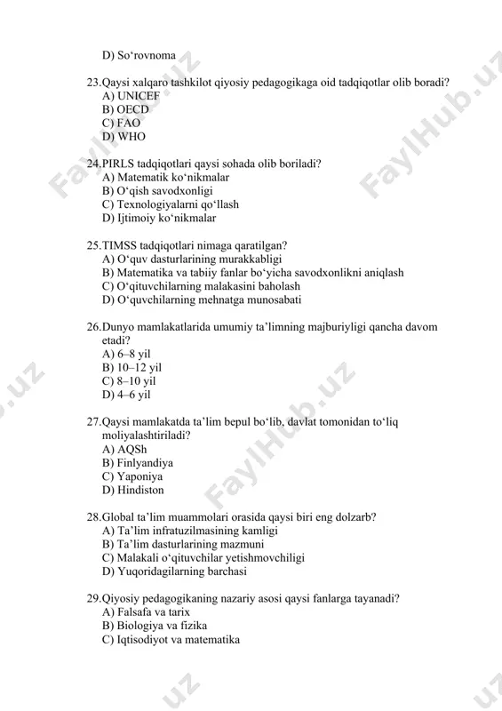 tilgan? a) faqat iqtisodiy rivojlanish uchun b) ta’lim sifatini oshirish va tajriba almashish c) maktablarning sonini oshirish d) faqat ilmiy kadrlarni tayyorlash uchun 37. yunesko qaysi sohada faoliyat olib boradi? a) ta’lim, fan va madaniyatni rivojlantirish b) faqat texnologiyalarni rivojlantirish c) xalqaro iqtisodiy aloqalarni mustahkamlash d) faqat ijtimoiy sohalarni boshqarish 38. yevropa ittifoqida qaysi dastur ta’lim almashinuvi uchun mo‘ljallangan? a) horizon 2020 b) erasmus+ c) fulbright dasturi d) timss 39. ta’lim tizimlarini qiyoslashda qanday ko‘rsatkich muhim? a) maktab o‘quvchilari soni b) ta’limning innovatsion metodlari c) faqat iqtisodiy imkoniyatlar d) xorijiy tillarni bilish darajasi 40. milliy va xalqaro ta’lim tizimlarini qiyoslashda asosiy maqsad nima? a) mamlakatlar o‘rtasida raqobatni oshirish b) eng yaxshi amaliyotlarni o‘zlashtirish c) faqat davlat investitsiyasini baholash d) ta’lim muassasalarining sonini ko‘paytirish 41. qiyosiy pedagogika asoschilaridan biri kim? a) jan jyak russo b) markus fabiy kvintilian c) yuriy lotman d) djon diuy 42. qaysi mamlakatlarda maktabda o‘quvchilarni mustaqil fikrlashga …