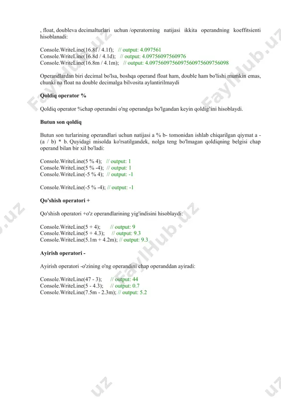.3 console.writeline(5.1m + 4.2m); // output: 9.3 ayirish operatori - ayirish operatori -o'zining o'ng operandini chap operanddan ayiradi: console.writeline(47 - 3); // output: 44 console.writeline(5 - 4.3); // output: 0.7 console.writeline(7.5m - 2.3m); // output: 5.2 №29 c# dasturlash tilida qiymat qaytaruvchi metodlar. return operatori return funktsiyasi jarayon bajarilishini tugatadi va boshqaruvni chaqiruvchi funktsiyaga qaytaradi. qo'ng'iroqdan keyingi nuqtada qo'ng'iroq funktsiyasida ijro qayta boshlanadi. return jarayon chaqiruvchi funksiyaga qiymat qaytarishi mumkin. ifodaning qiymati , agar mavjud bo'lsa, chaqiruvchi funksiyaga qaytariladi. agar ifoda o'tkazib yuborilsa, funktsiyaning qaytariladigan qiymati aniqlanmagan. agar mavjud bo'lsa, ifoda baholanadi va keyin funksiya tomonidan qaytarilgan turga aylantiriladi. agar returnjarayon voidqaytaruvchi turdagi funktsiyalarda ifodani o'z ichiga olgan bo'lsa, kompilyator ogohlantirish hosil qiladi va ifoda baholanmaydi. agar returnfunktsiya ta'rifida hech qanday jarayon ko'rinmasa, chaqirilgan funksiyaning oxirgi jarayoni bajarilgandan so'ng, boshqaruv avtomatik ravishda chaqiruvchi funktsiyaga qaytadi. bunday holda, chaqirilgan funktsiyaning qaytish qiymati aniqlanmagan. agar funktsiya dan boshqa qaytish turiga ega bo'lsa …