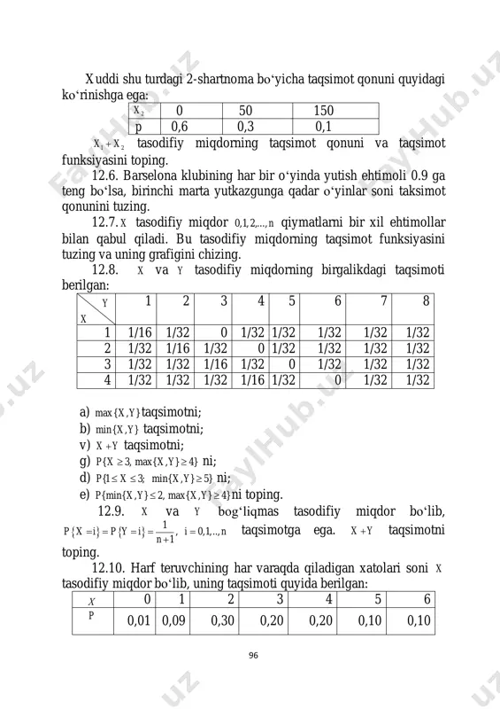 taqsimot funksiyadan foydalanib, harf teruvchining har varaqda 2 tadan ko‗p xato qilish ehtimolini toping; v) uning har varaqda ko‗pi bilan 4 ta xato qilish ehtimolini aniqlang. 12.11. bosh og‗rig‗iga qarshi yangi vositani televizorda berilgan reklamani ko‗rgandan so‗ng sotib olgan kishilar foizi tasodifiy miqdor bo‗lib, u quyida berilgan: х 0 10 20 30 40 50 p 0,10 0,20 0,35 0,20 0,10 0,05 a) bu tasodifiy miqdorning taqsimot funksiyasini toping; b) 20% dan ko‗p kishilarning reklamaga xayrixohlik bildirish ehtimolini aniqlang. 12.12. avtosalonda har kungi sotilgan mashinalar soni qayd qilib boriladi: х 0 1 2 3 4 5 p 0,1 0,1 0,2 0,2 0,3 0,1 bu ma‘lumotlar keyingi kun sotilishi mumkin bo‗lgan taqsimotni tuzishda qo‗llaniladi. a) ertaga sotiladigan avtomobillar soni 2 tadan 4 tagacha bo‗lish ehtimolini toping; b) har kungi sotiladigan avtomobillar sonining taqsimot funksiyasini tuzing. 12.13. qurilmada ishlab chiqarilgan mahsulotlar ichida yaroqsizlari soni x tasodifiy miqdor taqsimot qonuni bilan berilgan: х 0 …