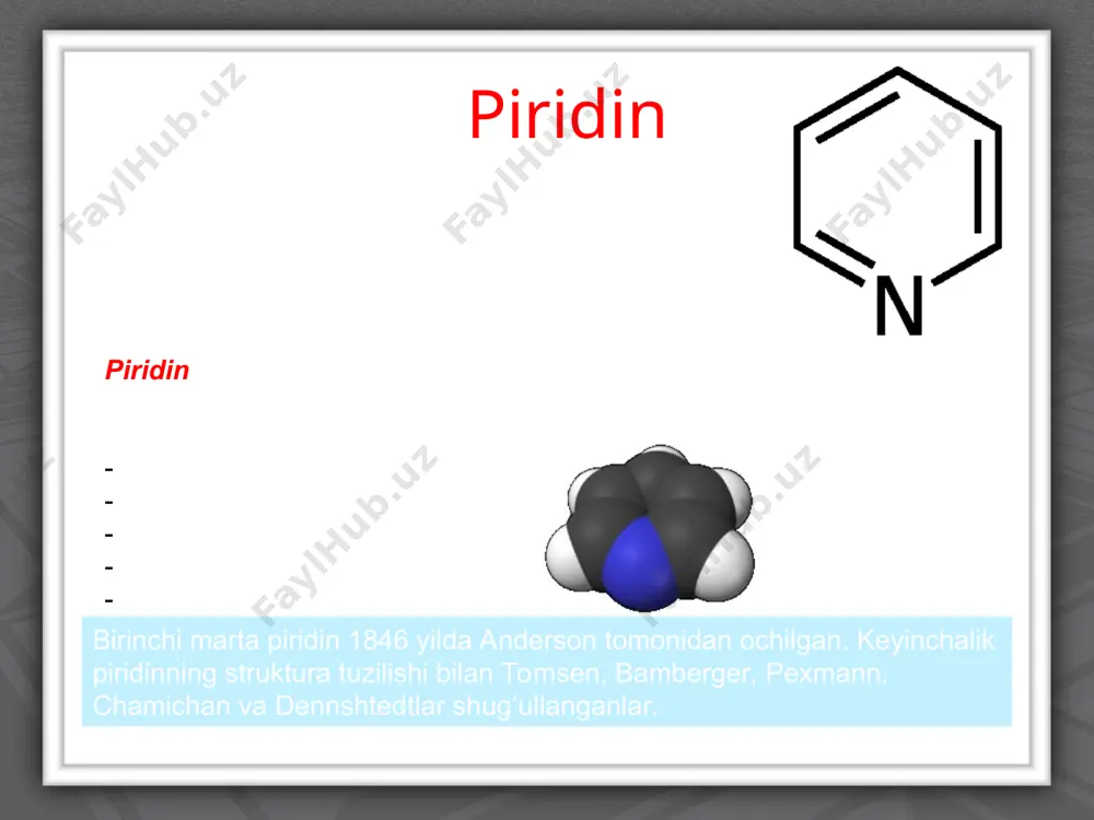 iladi. kofein-choy bargini qayta ishlash sanoatida choy barglari chiqindisidan olinadi. u oq kristal bo’lib 234-237 0s eriydi, meditsinada markaziy nerv sistemasi ishlarini yaxshilashda keng ishlatiladi. e’tiboringiz uchun rahmat. +- +нон он piridin xosilalari tirik organizmda sodir bo’ladigan biokimyoviy jarayonlarda muxim ro’l o’ynaydi. vitamin pp - nikotin kislotani amidi bo’lib, pellagra kasalligini davolashda ishlatiladi. о - соон - с nh 2 n n nikotin kislota vitamin - pp ß- piridin karbon kislota. hno 3 + h 2 so 4 300 – 350 0 c - no 2 ß - nitropiridin n br 2 - br 300 0 c ß - brompiridin n n - so 4 h h 2 so 4 ß-piridin 3-sulfokislota 230 0 c n 2h 2 ni zn + hcl 200 – 250 0 с n n n n h h h - ch 2 – ch 2 – ch 3 n h n nch 3 n anabazin …