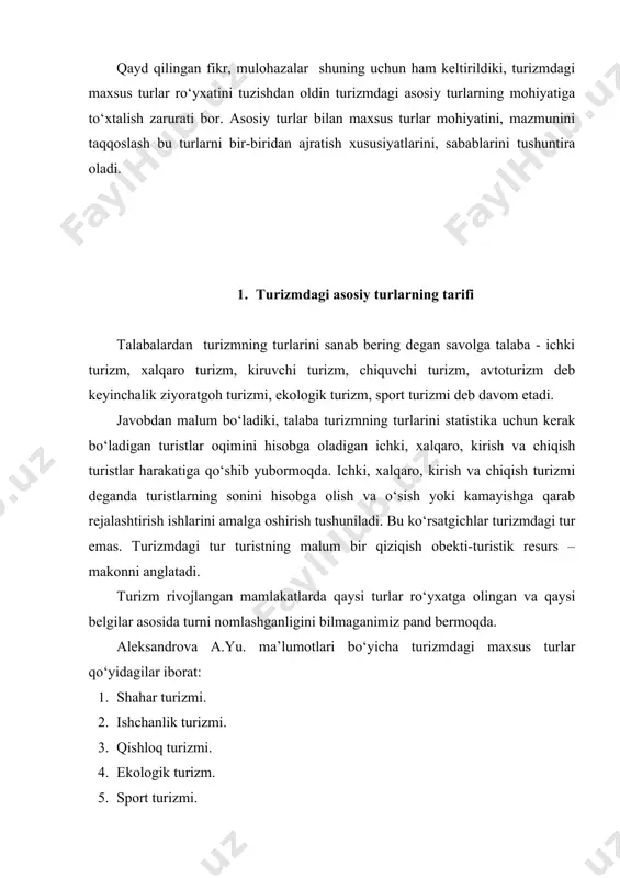 ratish xususiyatlarini topish qiyin. ekologik, ziyoratgoh va sport turizmlari jahonda eng katta turistlar oqimini tashkil qiladigan turlar hisoblanadi. golf, dayv turizmi va eksterimal turizm turlarini diniy, tarixiy, ekologik va sport turizmi turlariga tenglashtirib bo‘lmaydi. demak rossiya davlati turizmida turizmdagi turlar darajalarga ajratilgan emas. tur – ma’lum marshrutda, ma’lum muddatda taqdim etiladigan, turli xizmatlar (joylashtirish, ovqatlantirish, transport xizmati, maishiy, turistik ekskursiya va boshqa xizmatlar to‘plamidir). butunjahon turizm tashkilotining (vto) – ma’lumotlari bo‘yicha turizmda beshta (turini) istiqbolli yo‘nalish deb e’lon qilgan. 1. sarguzasht turizmi. bu tur asosan tog‘ cho‘qqilariga chiqish, suv osti kemalarida sayohat qilish va «erning oxiri» ga sayohat yo‘nalishlarida rivojlanib bormoqda. o‘zbekistonda bu turni tog‘ so‘qmoqlari, cho‘llar bo‘ylab va orol dengizi havzasiga sayohat marshrutlari bo‘yicha rivojlantirish mumkin. 2. dengiz va suv havzalari bo‘ylab sayohat turizmi. 3. madaniyatni o‘rganish turizmi. a. diniy ziyoratgoh turizmi. b. madaniy-tarixiy turizm. 4. ekoturizm. 5. mavzuli turizm. a. iqlimni o‘rganish. b. hayvonot olamini o‘rganish. c. o‘simlik …