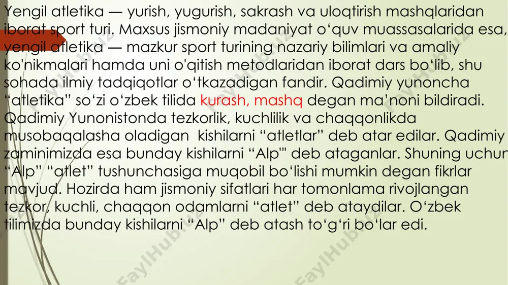 ish uchun, sportcha yurish texnikasi asoslarini o’rganib olishning o‘zigina kifoya qilmay, balki oddiy yurishga qaraganda anchagina jadalroq ish bajarish talab qilinadi, ya’ni energiya sarflash ortadi. shu sababdan sportcha yurish bilan shug‘ullanish sportchi organizmiga ancha ta'sir etib, uning ichki a’zolarini va tizimlarini mustahkamlaydi, ularning ish qobiliyatini oshiradi, kuchni va ayniqsa chidamlilikni rivojlantirishga ijobiy ta’sir ko‘rsatadi, irodali bo’lishga o‘rgatadi. shuning uchun ham yetuk tez yuruvchilar juda chidamli bo‘ladilar. shartli belgilar: o' — musobaqa o'yingohda o'tkaziladi; v — musobaqa binoda o'tkaziladi; sh — musobaqa shosseda, shahar va qishloq ko'chalarida o'tkaziladi; d — musobaqa dalada o'tkaziladi (kross); r — record qayd qilinadi; k — yuqori ko'rsatkich qayd qilinadi; „+" — musobaqa rekordi va yuqori ko'rsatkich qayd qilinmaydi; „—" — musobaqa o'tkazilmaydi. yurish musobaqalari stadion yo’lkalarida (soat strelkasi harakatiga teskari yo'nalishda) va oddiy yo’llarda (shoh va shahar ko'chalarida, so'qmoqlarda va hokazo) 3 dan 50 km gacha masofada o'tkaziladi. yengil atletika yurish musobaqasida qatnashuvchilar, qoidada belgilangan …