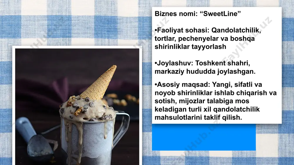 a va tavsiyalar “sweetline” loyihasi — nafaqat daromadli, balki estetik jihatdan mijozlarga zavq bag‘ishlaydigan biznes. u doimiy rivojlanishga ochiq va zamonaviy marketing yordamida bozorda mustahkam o‘rin egallaydi. tavsiyalar: • onlayn buyurtmalar tizimini yaratish • yetkazib berish xizmatini yo‘lga qo‘yish • mahalliy supermarketlar bilan hamkorlik qilish