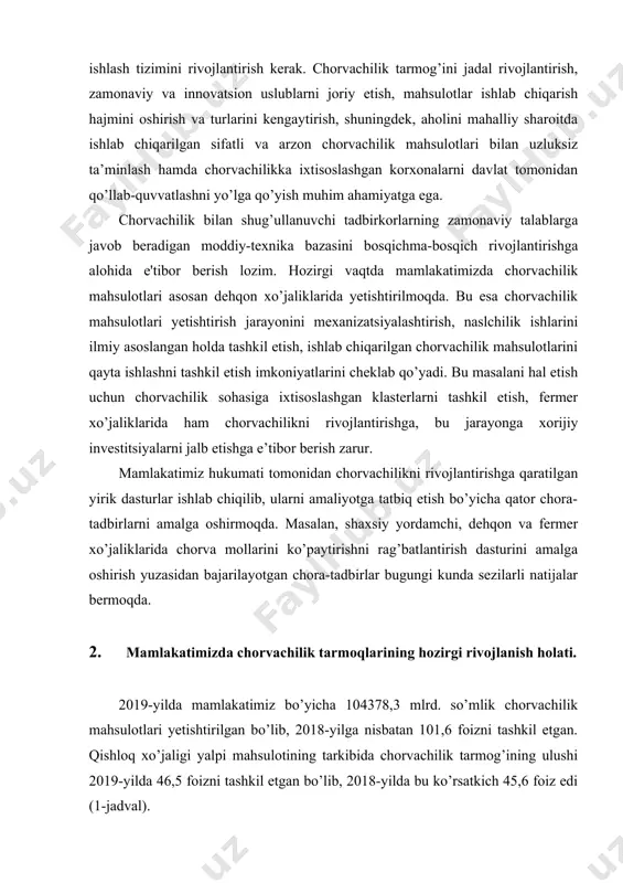etgan bo’lib, 2018-yilda bu ko’rsatkich 45,6 foiz edi (1-jadval). 1-jadval chorvachilik tarmog’ining asosiy ko’rsatkichlari 2016 2017 2018 2019 qishloq, o’rmon va baliq xo’jaligi mahsuloti hajmi, mlrd. so’m 119726,7 154369,4 195095,6 224265,9 shu jumladan: chorvachilikda 53844,1 64895,9 89019,2 104378,3 qishloq, o’rmon va baliq xo’jaligi o’sish sur’ati, o’tgan yilga nisbatan foizda 106,1 101,2 100,3 103,1 shu jumladan: chorvachilikda 107,0 104,1 105,7 101,6 manba: o’zbekiston respublikasi davlat statistika qo’mitasi ma’lumotlari mustaqilllikning ilk yillaridan mamlakatimiz qishloq xo’jaligida davlat mulkini xususiylashtirish, xususiy tadbirkorlikni rivojlantirishga alohida e’tibor berildi. shu maqsadda 1995-yil 24-martda o’zbekiston respublikasi vazirlar mahkamasining “chorvachilikda xususiylashtirishni davom ettirish va xususiy tadbirkorlikni qo’llabquvvatlash chora-tadbirlari to’g’risida”gi 96-sonli qarori qabul qilingan edi. ushbu qarorda 1995-yil oxirigacha chorvachilik mahsulotlari yetishtirishga ixtisoslashtirilmagan xo’jaliklardagi chorvachilik fermalarini xususiylashtirish belgilab berilgan. unga ko’ra chorva mollari, binolar va asbob-anjomlarni kim oshdi savdosi asosida sotish nazarda tutilgan edi. ushbu qarorda xususiylashtirilgan fermalarga chorva ozuqasi yetishtirish uchun, har bir xo’jalikning aniq tabiiyiqtisodiy hududlaini va yer …