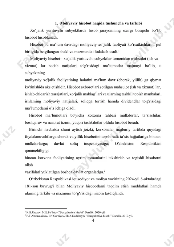 tashkilotlar va ularning alohida bo‘linmalari bazasida tashkil etilgan tashkilotlarga tatbiq etilmaydi). tashkilotlar qonunchilik hujjatlarida belgilangan davlat organlariga yillik moliyaviy hisobotni taqdim etadilar. buxgalteriya hisobining milliy standartlariga (bhms) asosan tuzilgan yillik moliyaviy hisobot hisobot yilidan keyingi yilning 1-martidan kechiktirmay, moliyaviy hisobotning xalqaro standartlariga (mhxs) asosan tuzilgan yillik moliyaviy hisobot hisobot yilidan keyingi yilning 1-mayidan kechiktirmay taqdim etiladi. moliyaviy hisobotlarning mazmuni va tarkibi bhms hamda mhxsga asosan tuziladigan moliyaviy hisobotlarning shakllarida belgilanadi. bhmsga asosan tuzilgan yillik moliyaviy hisobot shakllari quyidagilarni o‘z ichiga oladi: 1) buxgalteriya balansi (1- ilova); muddati o’tgan debitorlik va kreditorlik qarzlar rasshifrovkasi (buxgalteriya balansi ilova); 2) moliyaviy natijalar to‘g‘risidagi hisobot (2- ilova); 3) “xususiy kapital to‘g‘risida hisobot” (3- ilova); 4) pul oqimlari to‘g‘risidagi hisobot (4- ilova). mikrofirmalar va kichik korxonalar uchun yillik moliyaviy hisobot buxgalteriya balansi va moliyaviy natijalar to‘g‘risidagi hisobotni o‘z ichiga oladi. mhxsga asosan tuzilgan yillik moliyaviy hisobot shakllari quyidagilarni o‘z ichiga oladi: 5) moliyaviy holat to‘g‘risidagi …