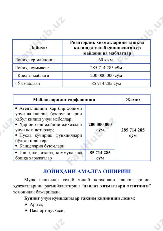 000 1 500 000 18 000 000 жами: 8 14 500 000 23 500 000 282 000 000 молиявий ҳисобот сўмда молиялаштириш манбалари ўз маблағи кредит жами лойиҳанинг қиймати 85 714 285 200 000 000 285 714 285 30% 70% 100% кредит шартлари кредит муддати 36 ой имтиёз даври 6 ой фоиз ставкаси 14 % йиллик кредит суммаси 200 000 000 сўм кредит қайтариш жадвали сўмда қайта-рилиш даври (ойлар бўйича) асосий қарз фоиз (14% йиллик) жами тўлов қолдиқ 1 - 2 333 333 2 333 333 200 000 000 2 - 2 333 333 2 333 333 200 000 000 3 - 2 333 333 2 333 333 200 000 000 4 - 2 333 333 2 333 333 200 000 000 5 - 2 333 333 2 333 333 200 000 000 6 - 2 333 333 2 333 333 200 000 000 7 6 666 667 2 333 …