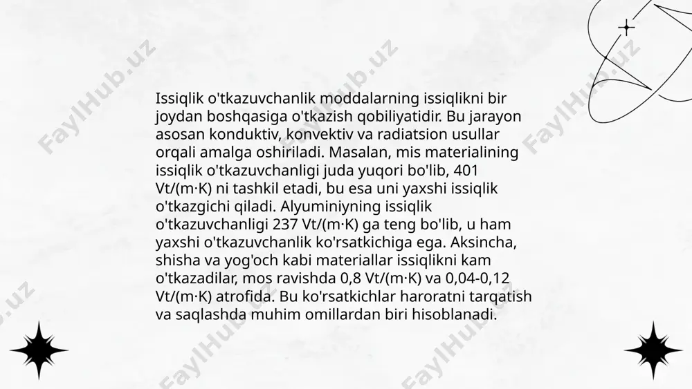 yatiga ega bo'lgan materiallardir. eng yaxshi o'tkazuvchilar kumush, mis va oltin hisoblanadi. kumush eng yuqori elektr o'tkazuvchanlikka ega bo'lib, uning qarshiligi 1-ohm/metrda taxminan 1.59 mikroohm sanaladi. mis arzonroq va keng tarqalgan, qarshiligi 1.72 mikroohm/metr. oltin kimyoviy inertlikka ega va o'tkazuvchanligi 2.44 mikroohm/metr. metallning o'tkazuvchanligi kristal tuzilma, erigan aralashmalar va haroratga bog'liq. ularning elektron tuzilishi erkin harakatlanuvchi elektronlar mavjudligini ta'minlaydi, bu esa yuqori o'tkazuvchanlikni tushuntiradi. metallar termoyadroviy energetikadan elektron qurilmalarga qadar ko'plab sohadanov foydalaniladi. ... t.me/slaydai_bot 13. o'tkazuvchanlikka misollar va amaliyot o'tkazuvchanlik atamasi elektr, issiqlik yoki tovush energiyasining modda orqali harakati yoki uzatilishini anglatadi. boshqaruv misollariga metallarni keltirish mumkin, chunki ular yaxshi elektr o'tkazuvchanligi bilan mashhur. masalan, kumush va mis elektr toki uchun eng yuqori o'tkazuvchanli metallardandir. issiqlik o'tkazuvchanligi bo'yicha misollar: mis va alyuminiy ko'pincha issiqlik almashtirgichlarda qo'llaniladi. amaliyotda, masalan, temir yo'l relslari yoki quvurlar diqqat bilan o'lchanadi, chunki harorat o'zgarishi ularning kengayishiga yoki qisqarishiga sabab bo'ladi. bu jarayonlarni boshqarish uchun …
