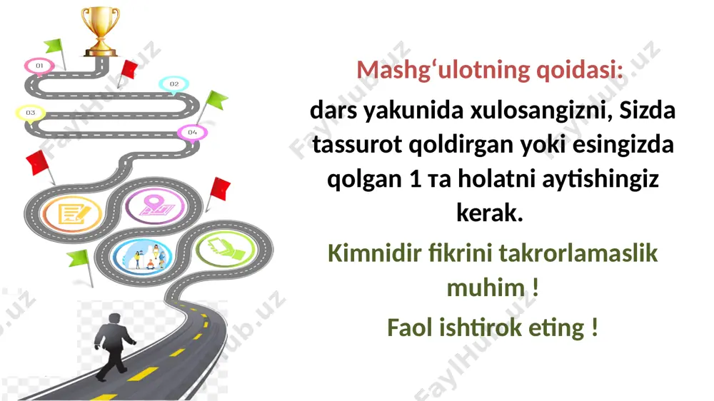 ) nima? zamonaviy maktab direktori qanday sifatlarga ega bo‘lishi lozim ? sifatlarni yozamiz shaxsiy sifatlar o‘zlashtirma sifatlar tug‘ma sifatlar kasbiy sifatlar jamoangizda ushbu treningni pedagoglarga nisbatan ham o‘tkazing va ular o‘z shaxsiy va kasbiy sifatlarini tahlil qilishlariga erishing 2 hoxlagan paytimda sen bilan tuzilgan shartnomani bekor qilaman arizangni yoz...! mehnat munosabatlarini to‘g‘ri tashkil qilish - mehnat nizolarini oldini oladi ! zamonaviy maktab direktori portreti topshiriqlar motivatsiya inson resurslari (hr) nima? majlislar, yig'ilishlarni qanday boshqarish kerak ? nima uchun xodimlar ishdan tashqari vaqtda rahbarning topshiriqlarini bajarishni xoxlashmaydi ? topshiriqlarni sifatli bajarilmasligiga kim aybdor ? 15 izohlaymiz..... 5 vazifalarni bajarmaydilar; minimal sifat; doimiy nazoratni talab qiladi; tashabbus ko'rsatmaydi; muvaffaqiyatsizliklar sababi butun jamoaning samaradorligini pasaytiradi. ishonchli ijrochilar taraqqiyot dvigatellari xodim topshiriqlarni so'ralgandek bajaradilar barqaror, ammo qo'shimcha tashabbus ko'rsatmaydi; ishlash uchun mustahkam poydevor bo'lishi mumkin, ammo ular o'sish va innovatsiyalar dvigateliga aylanmaydilar. jarayonlarni takomillashtirish yo'llarini doimiy ravishda izlaydi; talab qilinganidan ko'proq ish bajaradi; kutgandan …