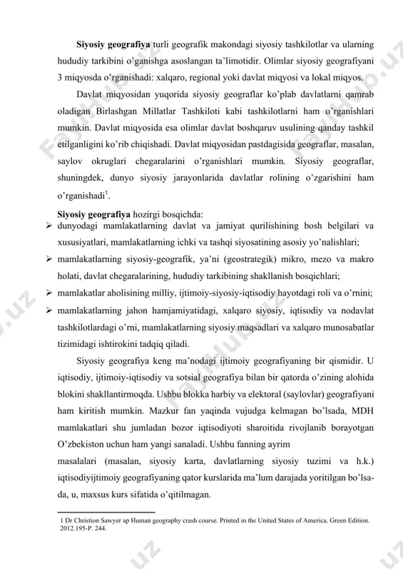 bilan bir qatorda o’zining alohida blokini shakllantirmoqda. ushbu blokka harbiy va elektoral (saylovlar) geografiyani ham kiritish mumkin. mazkur fan yaqinda vujudga kelmagan bo’lsada, mdh mamlakatlari shu jumladan bozor iqtisodiyoti sharoitida rivojlanib borayotgan o’zbekiston uchun ham yangi sanaladi. ushbu fanning ayrim masalalari (masalan, siyosiy karta, davlatlarning siyosiy tuzimi va h.k.) iqtisodiyijtimoiy geografiyaning qator kurslarida ma’lum darajada yoritilgan bo’lsa-da, u, maxsus kurs sifatida o’qitilmagan. siyosiy geografiyaning tadqiqot obekti bo’lib hududiy siyosiy tizimlar (sistemalar) xizmat qiladi. uning predmeti esa muayyan mamlakat yoki butun jahon miqyosida jamiyatning siyosiy-hududiy tashkil etilishini o’rganishdan iborat. shuningdek, bu fan davlatlar va ularning chegaralari (limologiya), davlat tuzumi, ma’muriy-hududiy tuzilishi, mamlakat doirasida siyosiy partiya va kuchlarning joylashishi, hududiy tarkibini o’rganadi. so’nggi yillardagi jahon hamjamiyati va geosiyosiy tizimidagi muhim o’zgarishlar hamda davlatlararo tashkil etilgan harbiy-siyosiy uyushma yoki ittifoqlar siyosiy geografiya tadqiqot predmetini yanada kengaytirmoqda. mazkur fanning tarixi ham ancha uzoq. agar keng ko’lamda qaraydigan bo’lsak, uning vujudga kelishi dastlabki davlatlarning paydo …