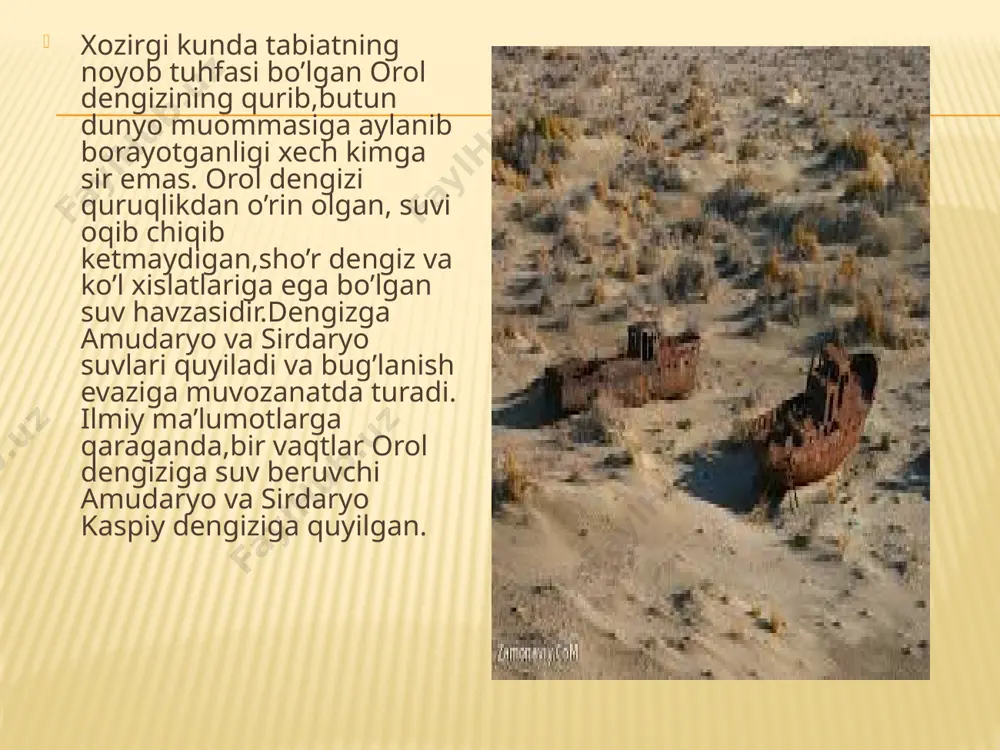 . bu loyihalarni umumlashtirib quyidagi guruhlarga bo’lish mumkin: orol dengizining qurib borish xavfi g’oyat keskin muammo, aytish mumkinki, milliy kulfat bo’lib qoldi. orol dengizi muammosi uzoq o’tmishga borib taqaladi. orol tangligi insoniyat tarixidagi eng yirik ekologik va gumanitar fojialardan biridir. dengiz havzasida yashaydigan qariyb 35 million kishi uning ta’siriga qoldi. 1994 yilga kelib orol dengizidagi suvning sathi-32,5 metrga, suv hajmi- 400kub kilometrdan kamroqqa, suv yuzasining maydoni esa 32,5 ming kvadrat kilometrga tushib qoldi. ekologiyaga solinayotgan xavf o’zbekiston uchun, umuman butun markaziy osiyo mintaqasi uchun naqadar yuqori ekanligini hisobga olgan holda hukumat va davlat atrof muhitni himoya qilish, tabiiy zaxiralardan oqilona foydalanish masalalariga juda katta e’tibor bermoqda. orol muammolarini bartaraf etish yo‘lidagi xalqaro hamkorlik toshkentda 12 mart kuni prezidentimiz islom karimov tashabbusi bilan “orol muammolari, ularning aholi genofondi, o‘simlik va hayvonot olamiga ta’siri hamda oqibatlarini yengillashtirish uchun xalqaro hamkorlik chora-tadbirlari” mavzuidagi xalqaro konferensiya bo‘lib o‘tdi. bmt rivojlanish dasturining sharqiy yevropa va …