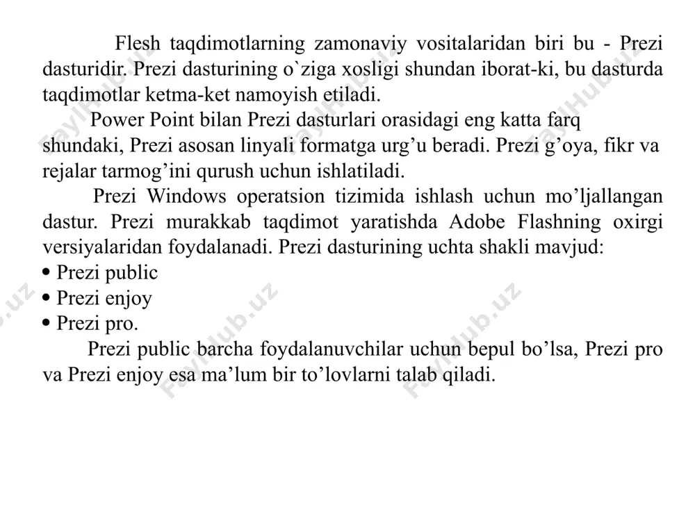 rlash va o’zgartirish mumkin. prezi taqdimoti muharriri oynasi taqdimot bilan ishlaganda zarur bo’ladigan asosiy uskunalar oynaning yuqori qismida joylashgan va ular uchta menyu guruhiga bo’lingan: • frames and arrows: formaning turli sohalarini belgilash va taqdimotga yangi slayd ko’rinishlarini qo’shish. • insert: kerakli ma’lumotlarni taqdim etish uchun tasvirlar, video va boshqa fayllarni qo’shish. klipart galeriyasidan foydalanish mumkin. taqdimotga musiqa jo’rligini ham joylashtirish mumkin. • theme: taqdimot ko’rinishini sozlash mumkin. ushbu menyu yordamida xohlagan vaqtda boshqa mavzuni tanlash imkoniyati mavjud. taqdimotni jihozlash yoki biror bir element rangini o’zgartirish orqali amalga oshirish mumkin. taqdimotni saqlash muloqot oynasi hujjatni saqlash uchun birinchidan sahifani istagan usulda ko’rish mumkin. ikkinchidan, taqdimotni onlayn shaklida ishga tushirish mumkin. hujjatni pdf formatda ham saqlash mumkin. yana bir saqlash usuli bu, taqdimotni kompyuterda avtonom ko`rinishda saqlash. prezi dasturini ishga tushiring. sahifaning yuqori qismdagi «create» tugmasini tanlang. «your prezis» qatoridagi «+new prezi» tugmasini tanlang. taqdimot uchun eskiz tanlanadi. ish sohasiga xohlagan …