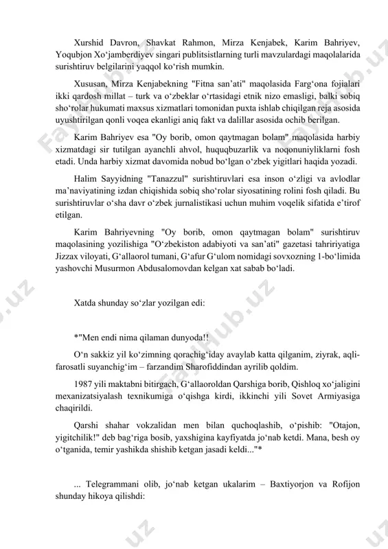 xga "qayta ko‘rish" nomi bilan kirgan siyosiy jarayonlar davrida rivojlana boshladi. bu paytda sobiq sho‘rolar **"imperiya"**sining davri tugayotgan, boltiqbo‘yi respublikalari ittifoq tarkibidan chiqish taraddudiga tushgan, boshqa respublikalarda ham milliy mustaqillik harakatlari boshlanayotgan edi. o‘sha davr o‘zbek jurnalistikasi siyosiy publitsistika yo‘nalishida o‘zining butun qiyofasini namoyon qildi. bu davrda chop etilgan maqolalar mamlakat mustaqillikka erishgandan keyin, 1993-yilda "o‘zbekiston adabiyoti va san’ati" gazetasi kutubxonasi ruknida ikki qismdan iborat "fitna san’ati" nomli kitobga jamlandi. kitobdan o‘rin olgan ayrim publitsistik maqolalarni muallifning biroz subyektivligi yoki hissiyotga berilganligini hisobga olmasa, jurnalistik surishtiruvga misol sifatida ko‘rsatish mumkin. xurshid davron, shavkat rahmon, mirza kenjabek, karim bahriyev, yoqubjon xo‘jamberdiyev singari publitsistlarning turli mavzulardagi maqolalarida surishtiruv belgilarini yaqqol ko‘rish mumkin. xususan, mirza kenjabekning "fitna san’ati" maqolasida farg‘ona fojialari ikki qardosh millat – turk va o‘zbeklar o‘rtasidagi etnik nizo emasligi, balki sobiq sho‘rolar hukumati maxsus xizmatlari tomonidan puxta ishlab chiqilgan reja asosida uyushtirilgan qonli voqea ekanligi aniq fakt va dalillar asosida …