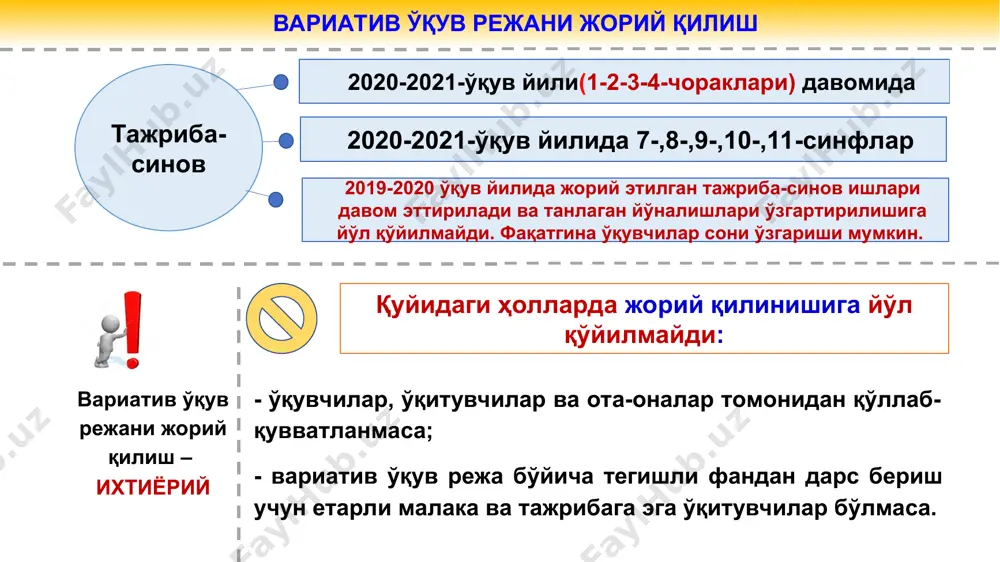 сосида қабул қилинади ота-оналар фарзандларини танлов синфига қабул қилиши тўғрисида директор номига ариза ёзишади тажриба-синов ишларини ташкил этиш тартиби синфлар сонидан келиб чиқиб 2 тагача йўналишда танлов синфлари очилиши мумкин. мисол учун 10- синфда битта йўналишда, 11-синфда битта йўналишда танлов синфи ташкил этиш мумкин ва бунда танлов синфи битта йўналишни танлайди. сўровнома натижаси таҳлил қилиниб, мактаб дўибў ва фан метод- бирлашмалари раҳбарлари томонидан танлов синфи йўналиши, фанлари, дарс соати, ўқувчилар рўйхати, синф раҳбари ва мазкур фанлардан дарс берувчи ўқитувчилар тўғрисида маълумот тайёрланади. ушбу маълумот мактаб педагогика кенгашида муҳокама қилиниб, кенгашда танлов синфи йўналиши, фанлари, дарс соати, фан ўқитувчилари, синф раҳбарини белгилаш, ўқувчилар рўйхатини тасдиқлаш бўйича тегишли қарор қабул қилинади. педагогика кенгаши қарори билан тасдиқланган танлов синфи йўналишидан келиб чиқиб, тегишли фан метод- бирлашмаси ва директорнинг ўқув ишлари бўйича ўринбосари томонидан танлов синфининг ўқув режаси тузилади. танлов синфи учун вариатив ўқув режани тузишда 2020-2021 ўқув йилига мўлжалланган таянч ўқув режада 7-8-9-10-11-синфларга …