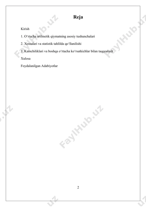 ishlatiladi. o‘rtacha arifmetik qiymatni hisoblash jarayoni juda oddiy bo‘lib, uning uchun faqat ma’lumotlar yig‘indisi va elementlar sonini bilish kifoya qiladi. bu xossalar, statistik tahlil jarayonida uni keng qo‘llash imkonini beradi va uni ma’lumotlarni taqqoslash, tahlil qilish uchun muhim vosita sifatida ajratib ko‘rsatadi. tarixan, o‘rtacha arifmetik qiymat tushunchasi 18-asrda matematik statistika va ehtimollar nazariyasining rivojlanishi bilan keng tarqaldi va jahon statistikasi uchun asosiy o‘lchovlardan biri bo‘lib qoldi. i. oʻrtacha arifmetik qiymatning asosiy tushunchalari oʻrtacha arifmetik qiymat statistik tahlilning eng asosiy va keng qoʻllaniladigan o'lchovlaridan biridir. u ma'lumotlar to'plamidagi barcha qiymatlarning yig'indisini ularning soniga bo‘lish orqali hisoblanadi va shunday qilib, ma'lumotlarning markaziy tendentsiyasini ifodalaydi. bu qiymat, statistik tahlil qilishda, ma'lumotlarning umumiy xarakteristikasini qisqa va aniqlik bilan taqdim etadi hamda ma'lumotlar to‘plamining eng muhim ko‘rsatkichi sifatida xizmat qiladi. oʻrtacha arifmetik qiymatni hisoblash jarayoni juda oddiy va tushunarli bo‘lib, u ma'lumotlar bilan ishlashda keng qo‘llaniladi. misol uchun, agar sinfda 10 nafar o'quvchi bo‘lsa va …