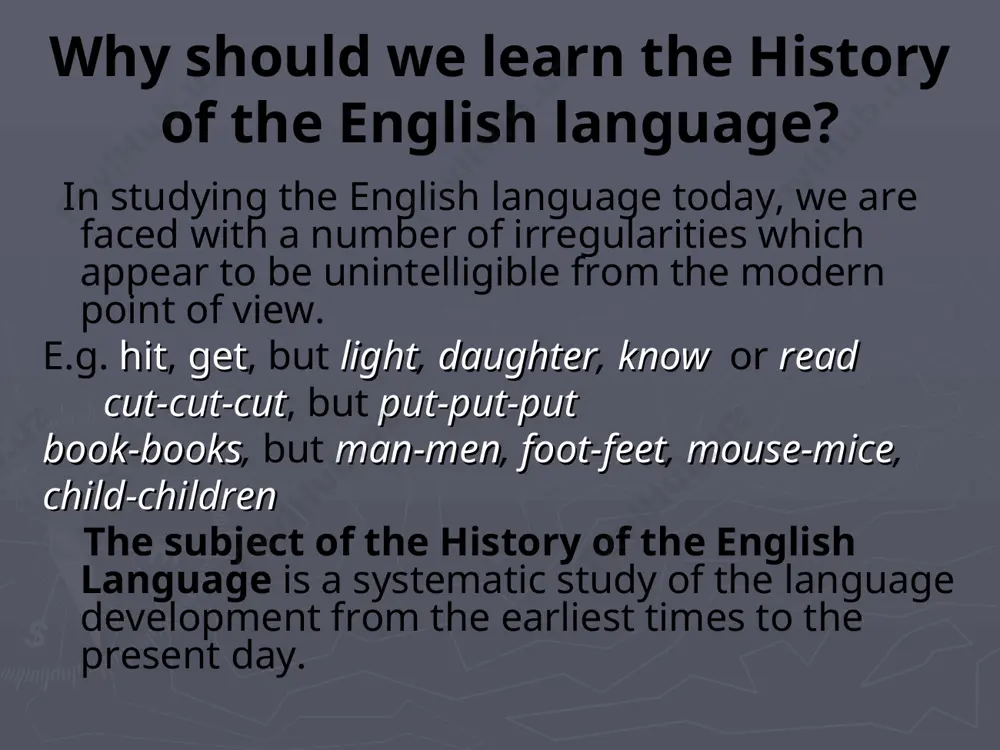 anges of consonants in pg were first formulated in terms of a phonetic law by j. grimm in 1822 the essence of grimm’s law the type of articulation changes while the place of articulation is unchanged. as a result there appeared more fricatives in pg than there were in pie. the correspondences were grouped under 3 acts. each of the acts covered quite a long period of time about 100 years and more. the first consonant shift (grimm’s law, pg consonant shift) i act pie pg p > f t > θ k > χ kʷ > χʷ lat. pes, pedis – goth. fotus, rus. пять – oe fīf lat. tres – goth. þreiþ, rus. ти – oe þu lat. cord – goth.hairto, lat. nox, noctis – goth.nahts lat. aqua – goth. ahwa ii act b > p d > t g > k gʷ > kʷ rus. болото – …