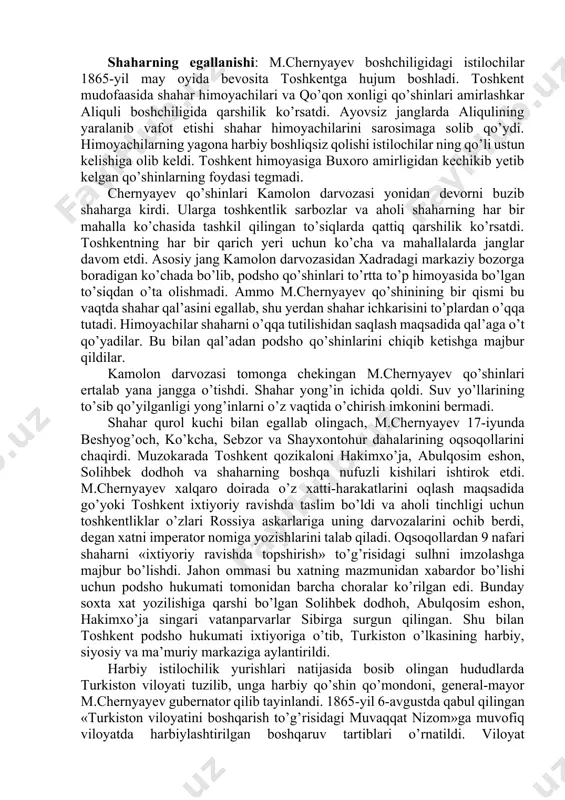 iq daryosining chap sohilida joylashgan niyozbek qal’asiga kelib, uni jangsiz topshirishni taklif qiladi, lekin qal’a himoyachilari rad javobini berib, mudofaaga o’tadi. himoyachilar va istilochilarning harbiy kuchlari o’rtasidagi farq juda katta edi. qal’a to’xtovsiz ravishda to’plardan o’qqa tutilib, devorlari buzib tashlandi. devorlarning buzilgan joylaridan bosqinchilar qal’aga kirib, uni egallashga muvaffaq bo’ldilar. oqibatda toshkent darvozasi deb nom olgan niyozbek qo’rg’oni dushman qo’liga o’tdi. ushbu qal’aning qo’lga kiritilishi m.chernyayevga toshkentni suv ta’minotidan uzib qo’yish imkonini berdi. uning buyrug’i bilan toshkent shahri aholisini suv bilan ta’minlaydigan chirchiq daryosidagi to’g’on buzib tashlanadi. shaharning egallanishi: m.chernyayev boshchiligidagi istilochilar 1865-yil may oyida bevosita toshkentga hujum boshladi. toshkent mudofaasida shahar himoyachilari va qo’qon xonligi qo’shinlari amirlashkar aliquli boshchiligida qarshilik ko’rsatdi. ayovsiz janglarda aliqulining yaralanib vafot etishi shahar himoyachilarini sarosimaga solib qo’ydi. himoyachilarning yagona harbiy boshliqsiz qolishi istilochilar ning qo’li ustun kelishiga olib keldi. toshkent himoyasiga buxoro amirligidan kechikib yetib kelgan qo’shinlarning foydasi tegmadi. chernyayev qo’shinlari kamolon darvozasi yonidan …