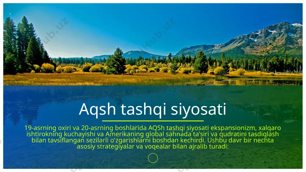 moyon bo'ldi. vudro vilsonning axloqiy diplomatiyasi: uilson aqsh dunyoda demokratiya va ma'naviy taraqqiyotni yoyishi kerak degan g'oyani ilgari surdi. bu siyosat ko'pincha aqshning lotin amerikasiga ma'naviy javobgarlik niqobi ostida aralashuviga olib keldi.uilsonning yondashuvi birinchi jahon urushi paytida sinovdan o'tkazildi, u dastlab betaraflikni saqlashga harakat qildi, ammo oxir-oqibat 1917 yilda "dunyoni demokratiya uchun xavfsiz qilish" uchun aqshni urushga olib keldi. add a footer xalqaro mavjudlik va ittifoqlar birinchi jahon urushidagi ishtiroki: aqsh 1917-yilda birinchi jahon urushiga kirdi, bu yevropadagi mojarolarda birinchi yirik ishtirokini belgiladi. ishtirok etish urushdan keyingi jahon tartibini shakllantirishga yordam berdi, shu jumladan millatlar ligasining tashkil etilishi, garchi aqsh senati oxir-oqibat ligaga qo'shilishni rad etdi. asosiy tushunchalar va doktrinalar monro doktrinasi: dastlab 1823 yilda ifodalangan monro doktrinasi amerika qit'asidagi yevropa mustamlakachiligiga qarshi bo'lgan uzoq yillik siyosat edi. bu davrda lotin amerikasiga aralashuvlarni oqlash uchun tez-tez murojaat qilingan. aniq taqdir: manifest taqdirga bo'lgan ishonch, aqsh shimoliy amerika bo'ylab kengayishi kerakligi …