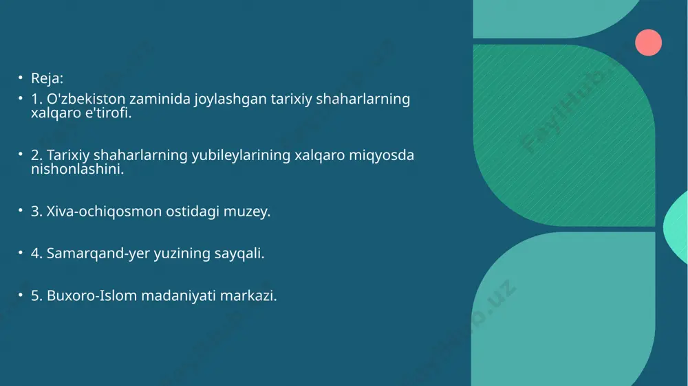 suv oladi. buxoro — oʻzbekiston respublikasining qadimiy shaharlaridan biri, buxoro viloyatining maʼmuriy, iqtisodiy va madaniy markazi. buyuk ipаk yoʻlida yirik tijorat markazlaridan boʻlgan. oʻzbekistonning janubiy-gʻarbida, zarafshon daryosi quyi oqimida joylashgan. toshkentdan 616 km. buxoro 2 ta shahar rayoni (fayzulla xoʻjayev va toʻqimachilik)ga boʻlingan. aholisi 280000 (2019). xiva – oʻzbekiston respublikasining xorazm viloyatidagi shahar. xiva tumani markazi. oʻzbekistonning shim.gʻarbida, viloyatning janubida, amudaryoning chap sohilida, daryodan 40 km janubida, 95 m balandlikda joylashgan. shahar yonidan polvonyop (qad. xeykaniq) kanali oʻtgan. yaqin temir yoʻl stansiyasi – urganch (30 km). maydoni 0,08 ming km². aholisi 89,5 ming kishi (2017). shaharning qadimgi qismidagi juda koʻp arxitektura yodgorliklariga boy boʻlgan ichan-qal’a sharqning ekzotik shahar timsolini oʻzida saqlab qolgan afsonaviy shahardir. toshkent – o‘zbekistonning poytaxti va shu bilan birga markaziy osiyodagi eng yirik shahardir.ko’p yillar davomida toshkent butun dunyodan sayyohlar va ishbilarmonlarni jalb qiladigan mamlakatning eng muhim biznes va madaniy markazi bo’lib kelgan. eng yaxshi diqqatga sazovor …